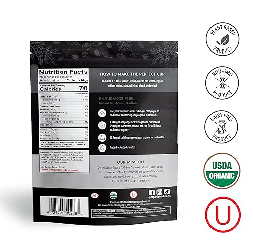 Miniatura 2 de Organic Traditions  Café de hongos Endurance Fuel  Café de hongos instantáneo 100% orgánico con cordyceps, extracto de ashwagandha y maca, 135 mg de