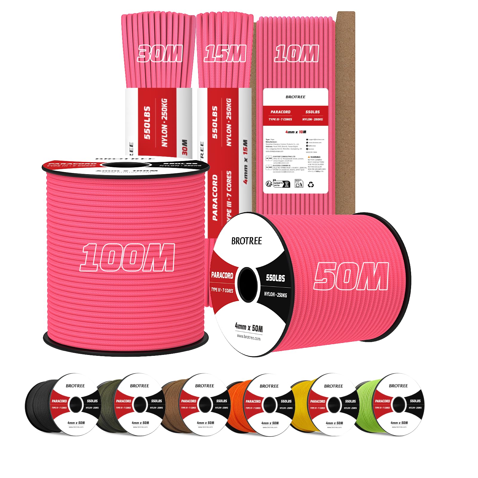 Brotree 4mm Paracord 550 50M 100% Nylon Rope 7 Strands Type III Parachute Cord for Outdoor and DIY - 250kg Breaking Load (Neon Pink)