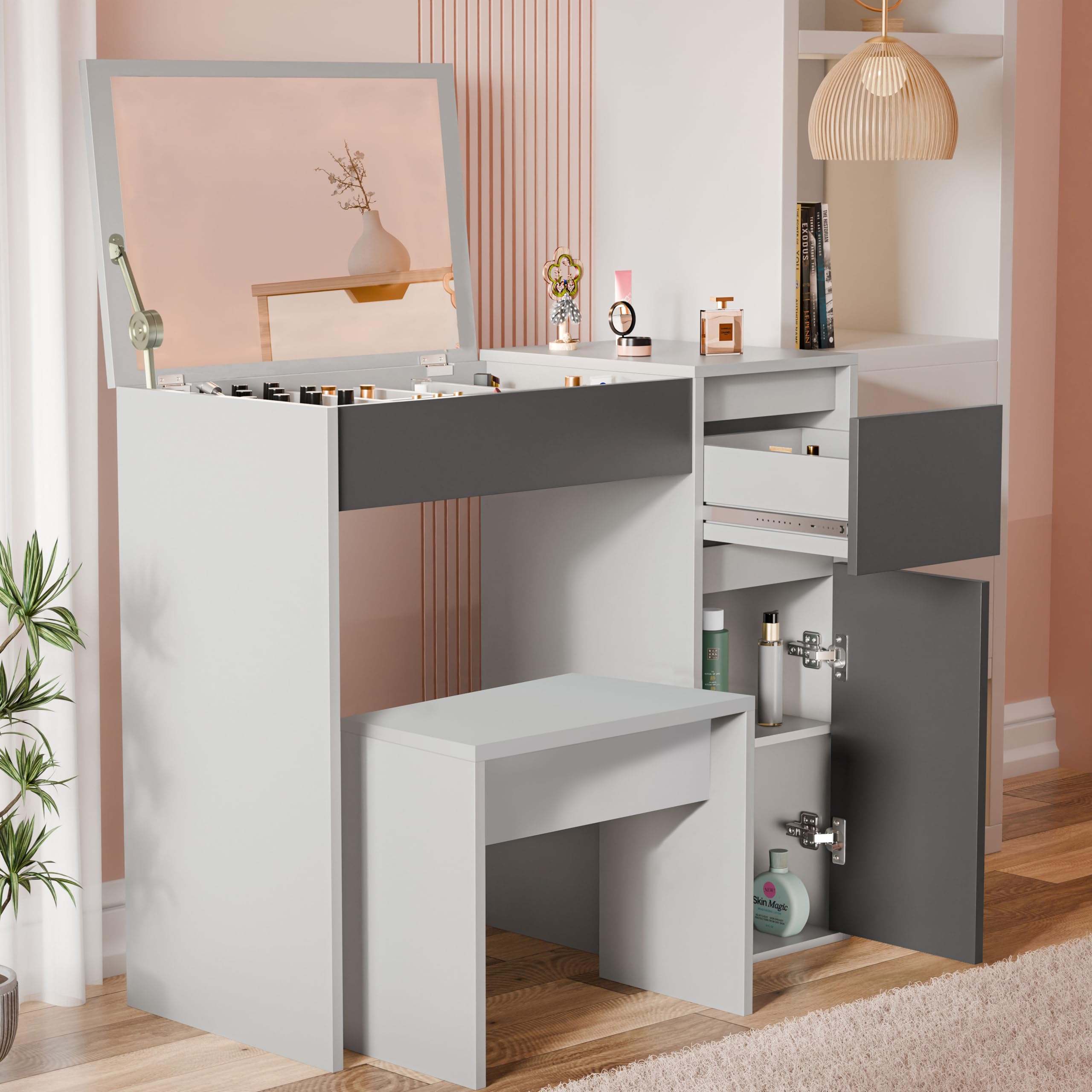 Blisswood Dressing Table with Flip Up Mirror and Stool, Vanity Makeup Table Drawers Storage Unit Cosmetic Bedroom Dresser Make Up Desk For Living Room, Bedroom Furniture (Light Grey/Dark Grey)