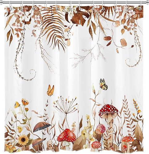 Miniatura 4 de EOBTAIN Juego de cortinas de ducha con diseño de hongos de otoño, hojas de plantas marrones y flores silvestres sobre tela blanca, juego de cortina