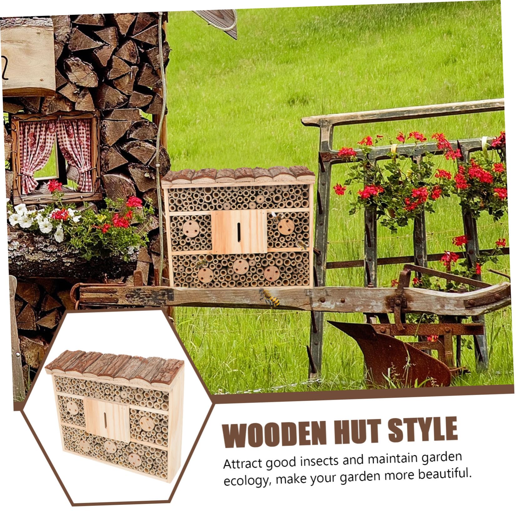 Casetta per Insetti in Legno Beige Stile Baita da Giardino | Adatta e Api, Aiuta ad Attirare Insetti Utili, Decorazione per Cortile Naturale