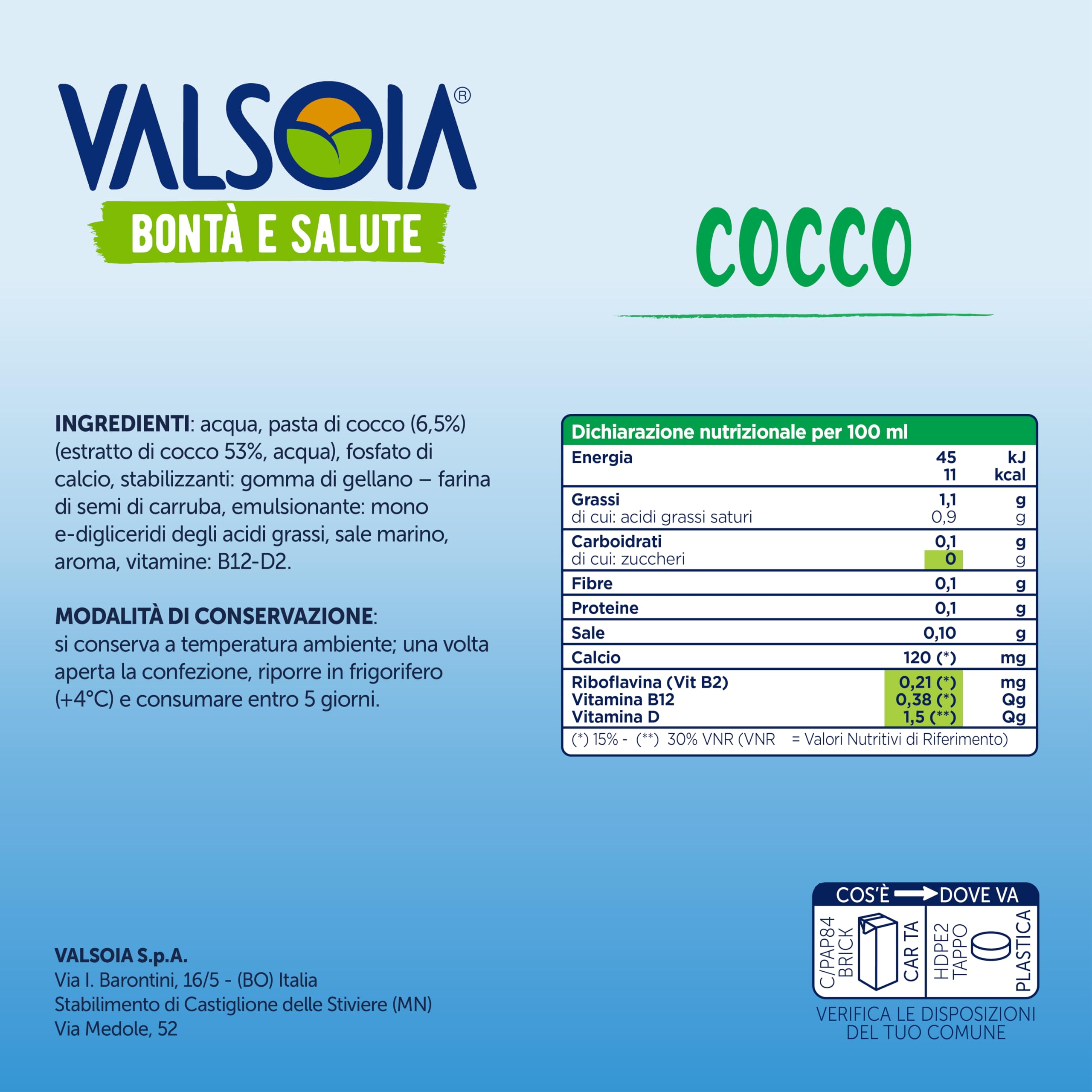 Valsoia - Bevanda Cocco Zero Zuccheri, Box da 10 Tetra Brik da 1000 ml, 100% Vegetale, Senza Lattosio, con Calcio e Vitamine, Ideale anche per Vegani, Vegetariani e Celiaci