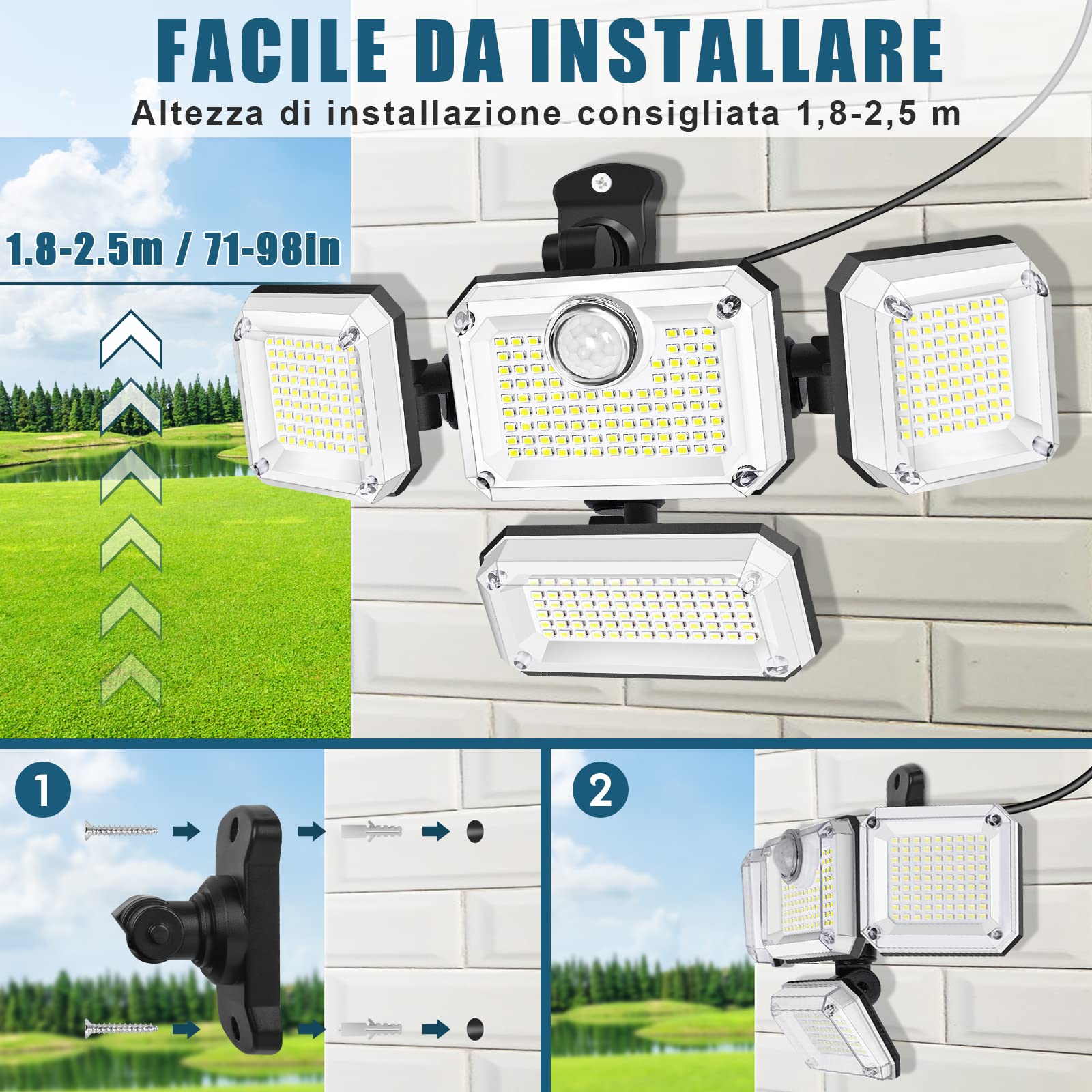 Ulikey 333 LED Luce Solare LED Esterno con Sensore di Movimento, Lampada Solare da Esterno IP65 Impermeabile, 4 Testa Faretti Solari a Led con Angolo di Illuminazione a 270° per Giardino Garage