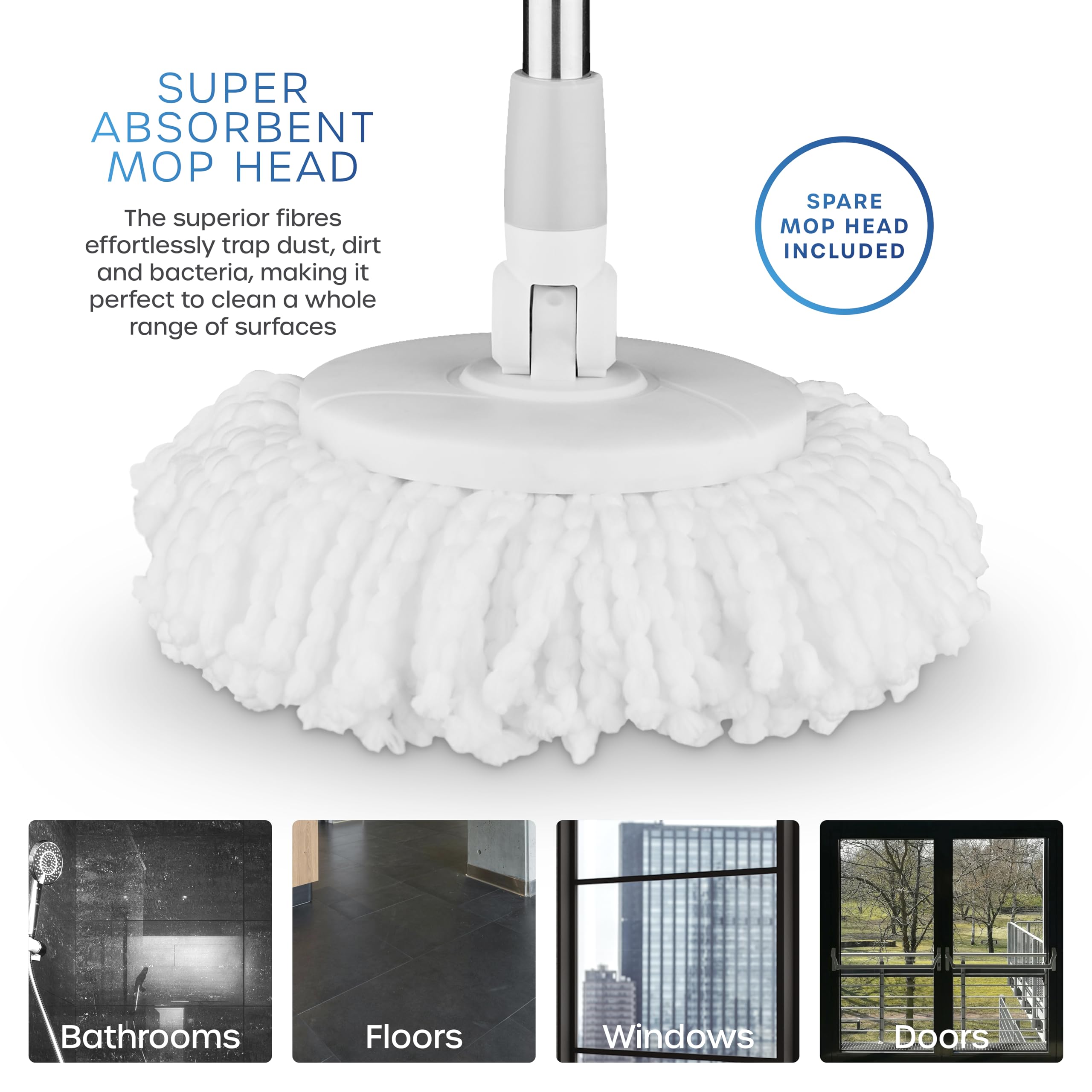 Swan SWFC2011WHTN Elevate Spin Mop e secchio da 5 litri con strizzatore in acciaio inox, testa in microfibra super assorbente, meccanismo a pompa manuale, facile da riporre, bianco