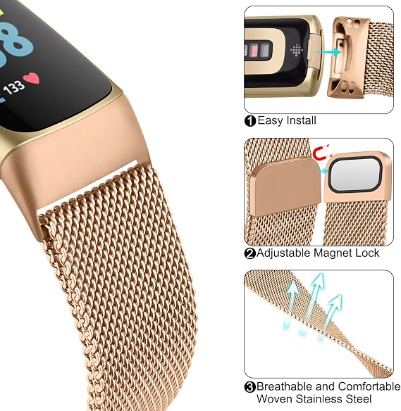 Fitbit Charge 6用メタルバンド レディース メンズ ステンレススチールメッシュループ 磁気交換用ブレスレットストラップ Fitbit Charge 6 / Charge 5 フィットネストラッカー用