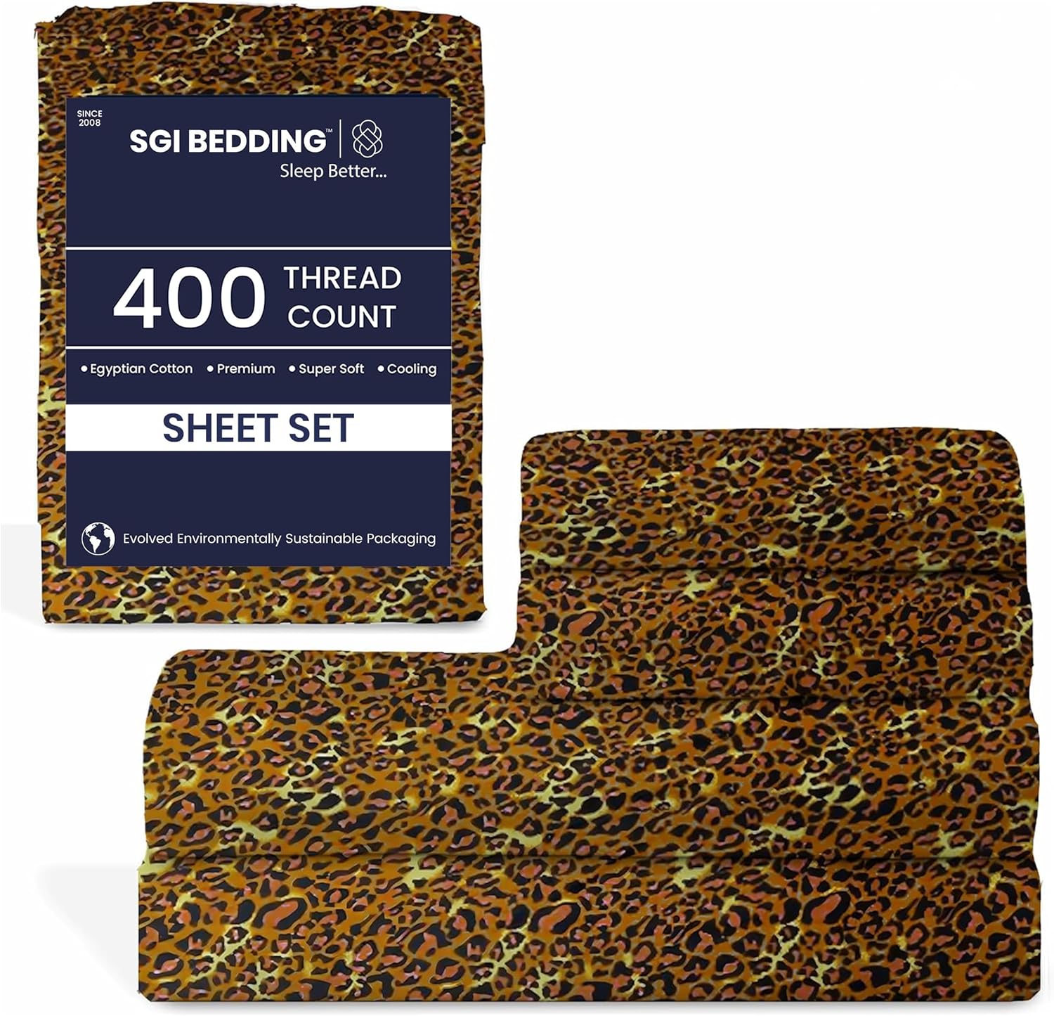 SGI 400 Thread Count 100% Egyptian Cotton Queen Sheet Set Ultra Soft, Breathable, Deep Pocket 15 Fitted, Durable & Luxurious 4-Piece Bedding Set for Hotel-Quality Comfort, Leopard Print Sheets