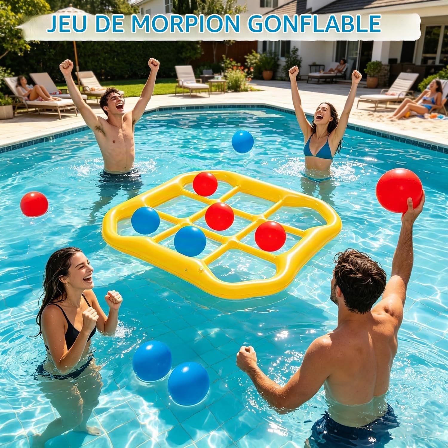 Set de Jeux de Piscine, Tic-Tac-Toe Gonflable avec 10 Balles, Jeu de Morpion Gonflable pour Adultes, Bouée de Piscine Gonflable pour 2 à 10 Joueurs,Jeux pour Fêtes Familiales Piscine