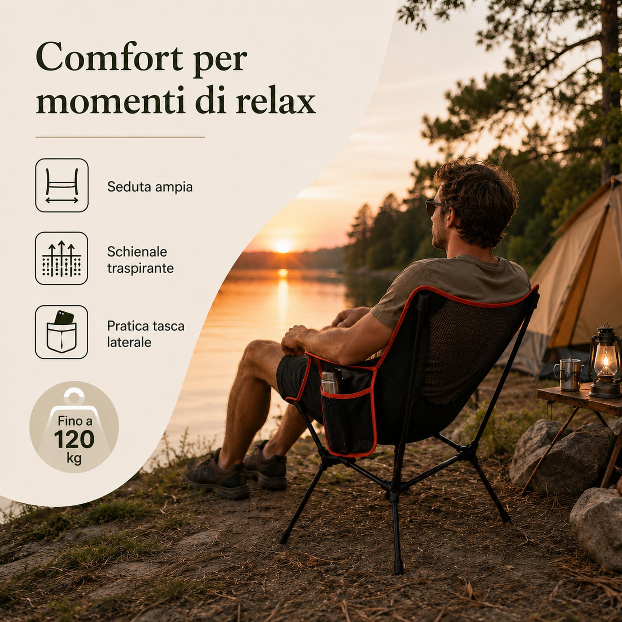 Sedia da spiaggia pieghevole fino a 120 kg, sedia campeggio pieghevole Oxford 900D con tasca laterale e borsa di trasporto, per mare, pesca, giardino ed esterno