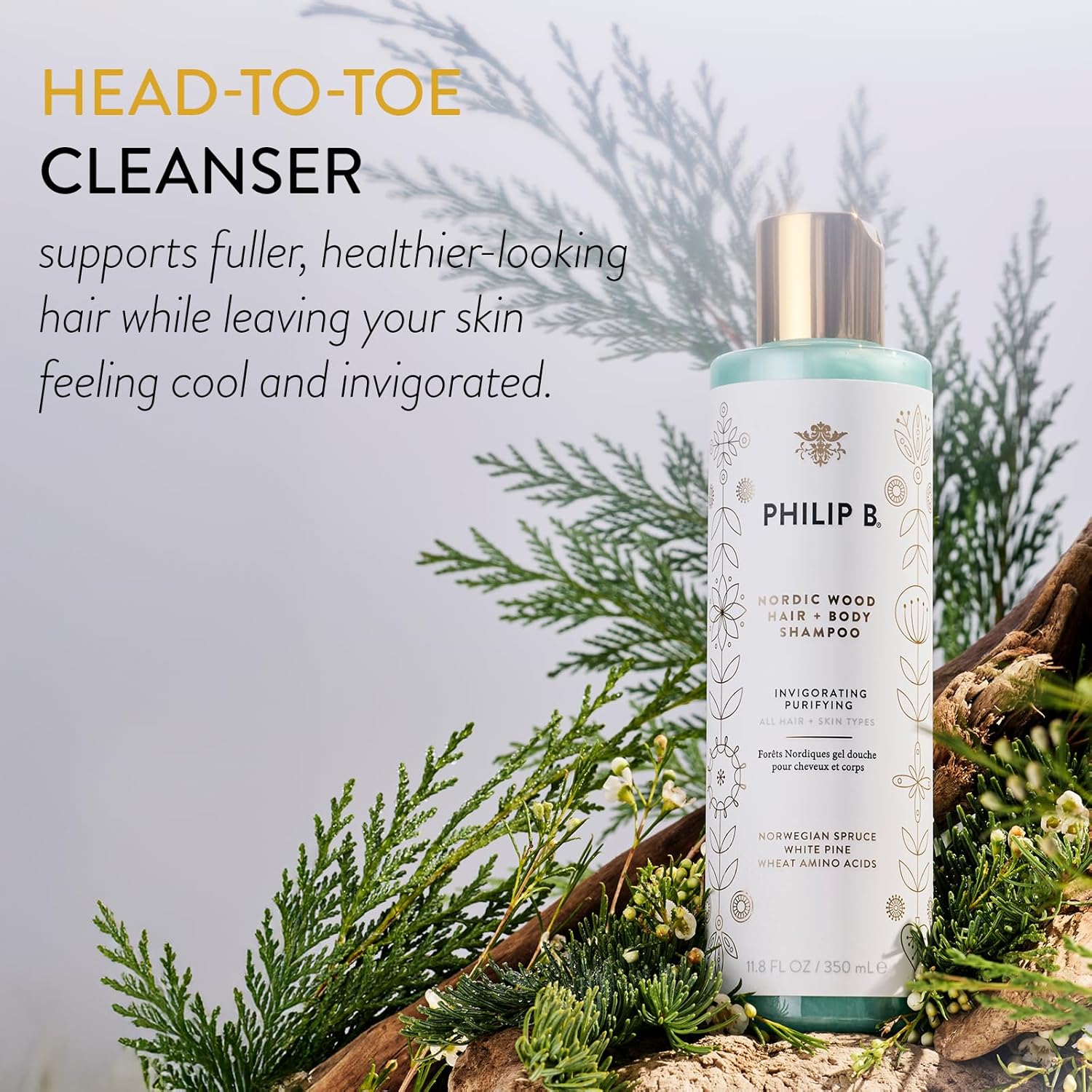 PHILIP B Nordic Wood Hair + Body Shampoo, 11.8 fl. oz. (350 ml) - Lathers Up Luxuriously, Conditions While Leaving You Feeling Cool& Invigorated, With Notes of Norwegian Spruce, White Pine and Camphor