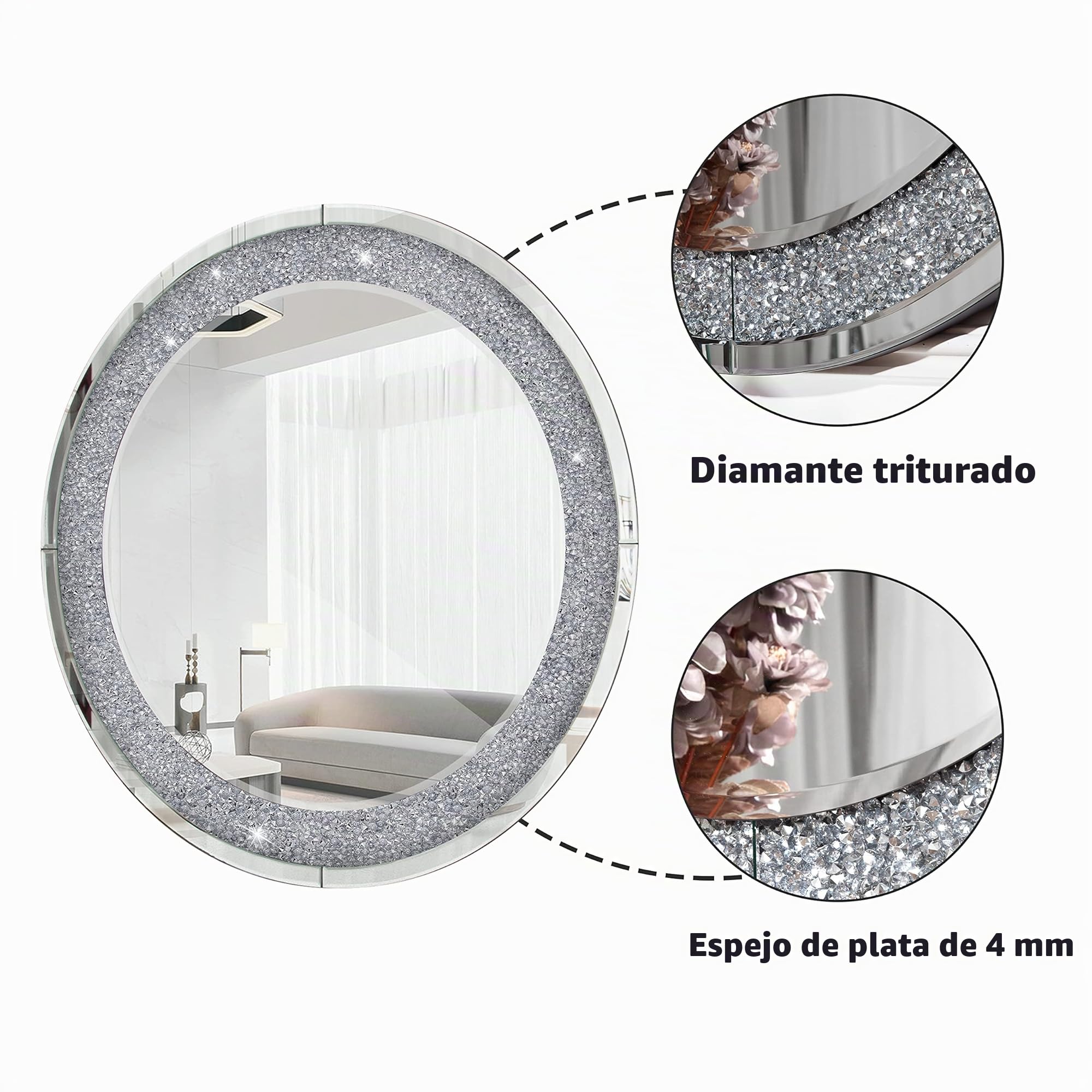 SHYFOY Gran Espejo Redondo, Ø 80 cm, Espejo de Pared Redondo con Diamantes de Cristal, para Salón, Baño, Entrada, Plata