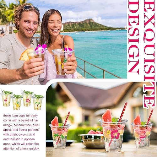 Miniatura 7 de meekoo Paquete de 100 tazas Luau desechables transparentes de 12 onzas líquidas de flamenco hawaiano desechables de plástico con piñas tropicales