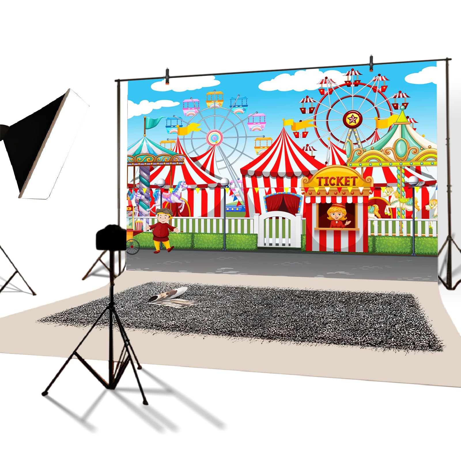 YongFoto 3,5x2,5m Toile de Fond Cirque Fête foraine Cour récréation des tentes Billetterie Carrousel Grande Roue Fond Studio Bannière Photo Party vidéo Enfant Photobooth Accessoires Photographie