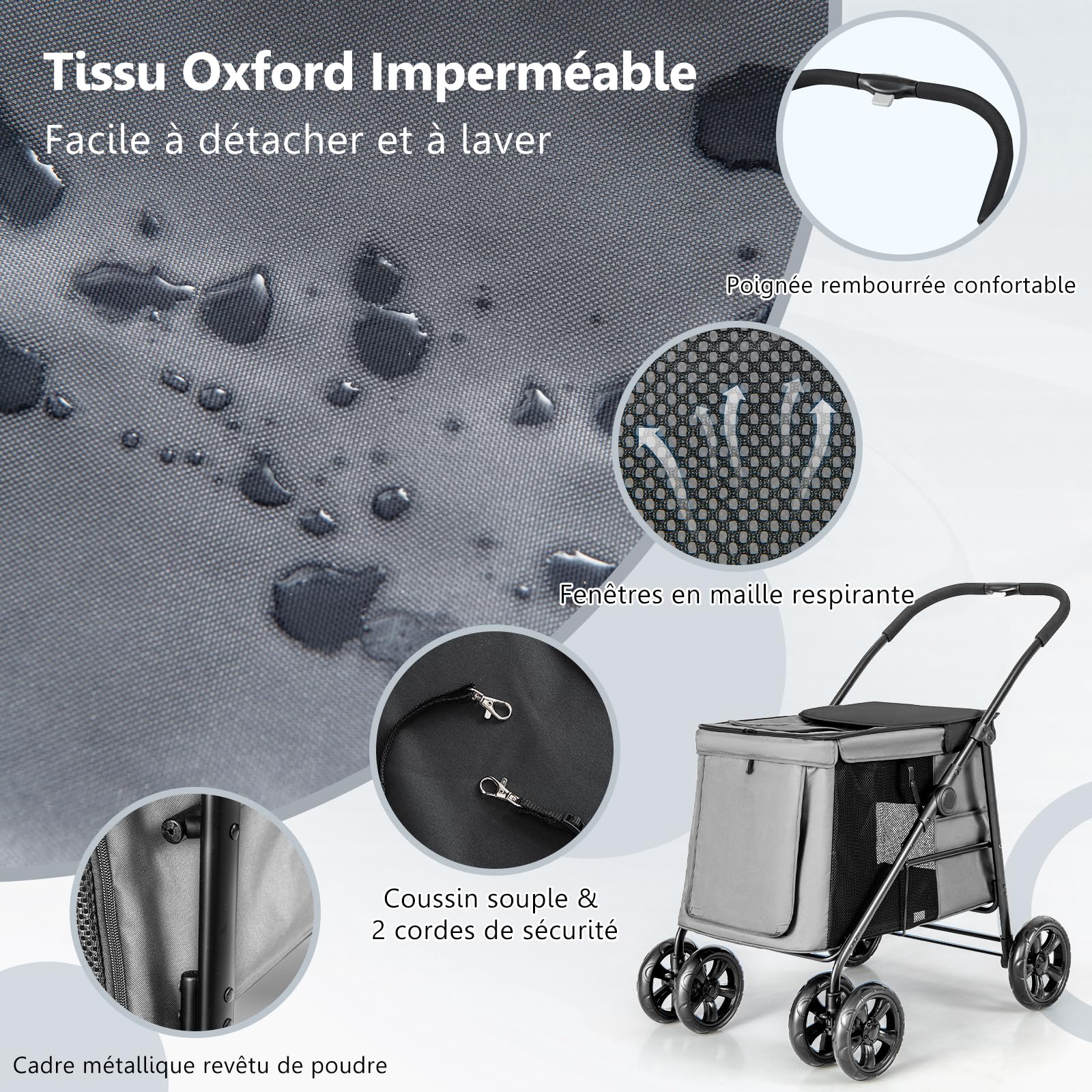 GYMAX Poussette Pliable pour Chien Chat, Transporteur pour Animaux de Compagnie avec 4 Roues et Frein & Portes Avant et Arrière & 3 Poches de Rangement, Charge 40 kg(Gris)