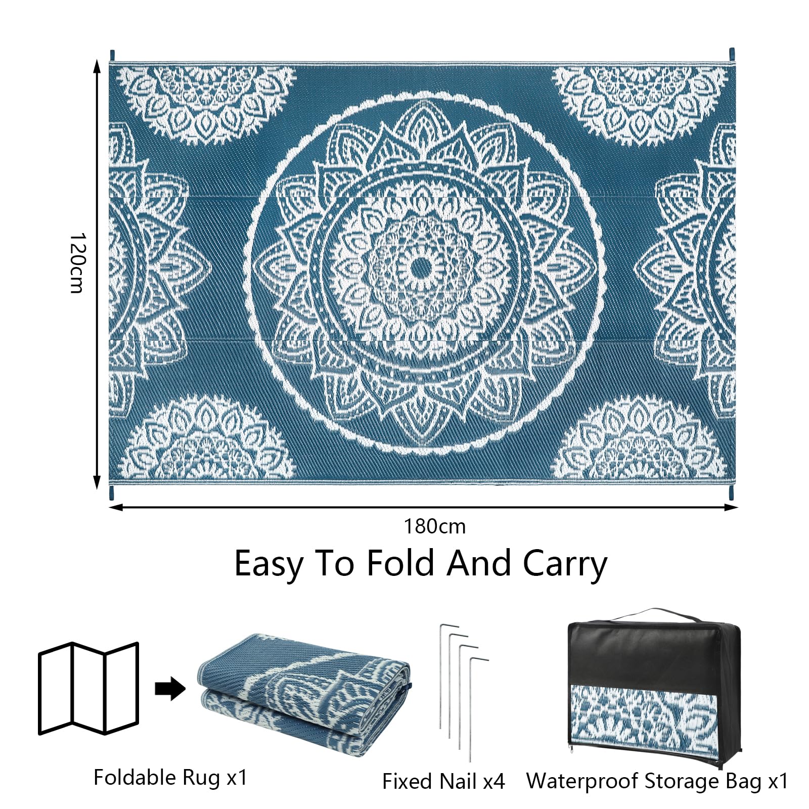 Famibay Outdoor Rug Waterproof Plastic Straw Garden Rugs Reversible Rug 120 x 180 cm Outdoor Patio Carpet UV Resistant Portable Mandala Area Rug for RV Balcony Picnic Blue - Image 2