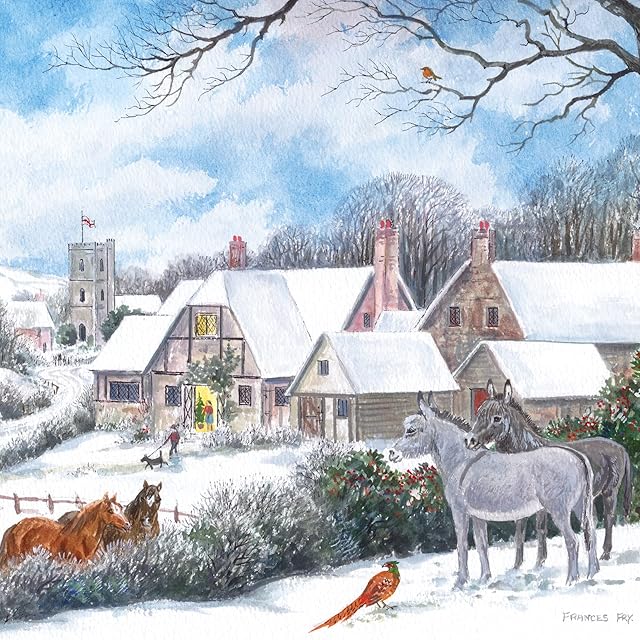 Medici Cards Pack of 6 Charity Christmas Cards - 'Village Scene' - Lovely Design with Donkeys and Horses in the Snow - 6 Cards of 1 Artistic Design