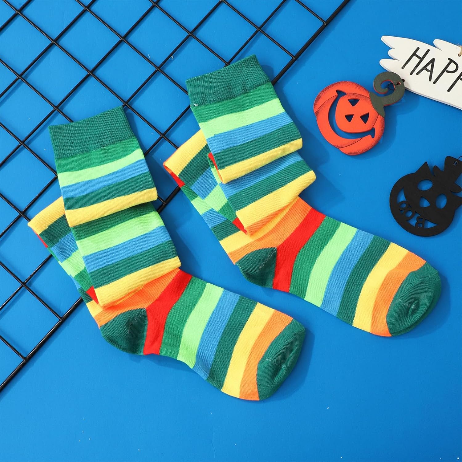 TiaoBug Womens Rainbow Striped Thigh High Stockings Over Knee Socks Halloween Carnival Costume Leg Warmers