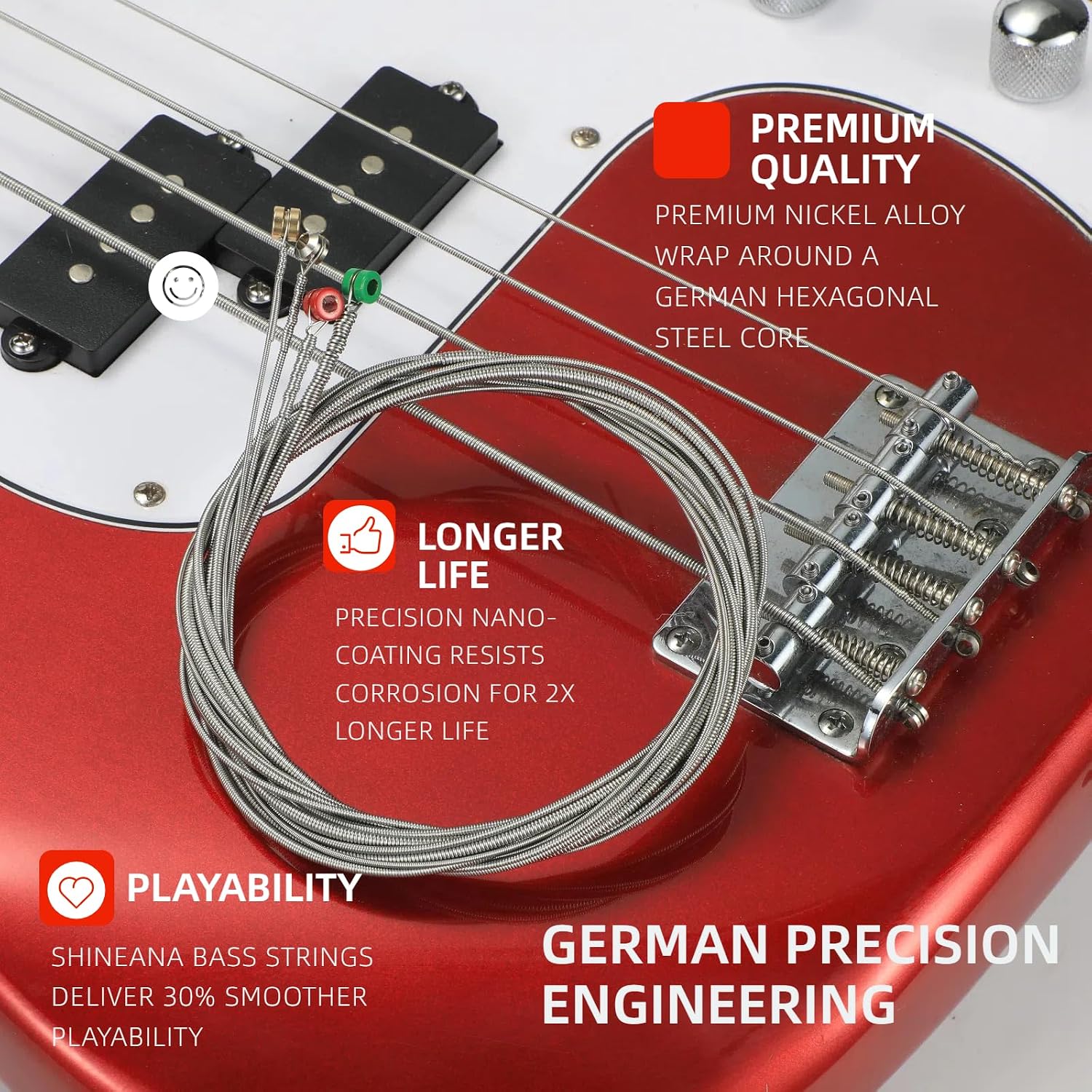 4-String Electric Bass Strings - Nickel Alloy Wound with German Hex Steel Core | Full Coated for Longevity | Vacuum Sealed (45-105 Medium) | Smooth Feel & Balanced Warm Tone