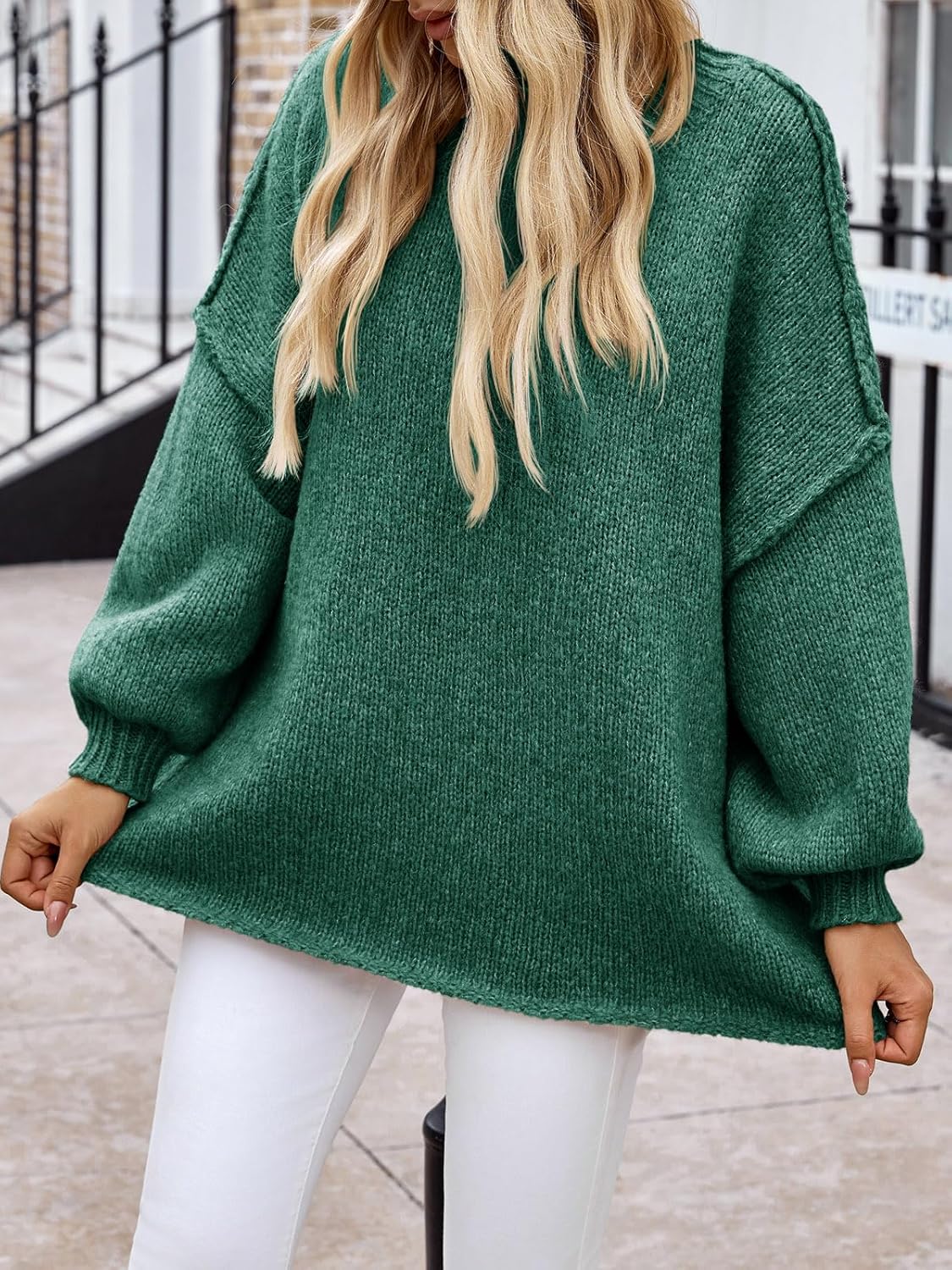 Saodimallsu Womens Oversized Sweater Chunky Crew Neck Long Lantern Sleeve Knit Fall Trendy Tunic Sweaters Top - Image 4