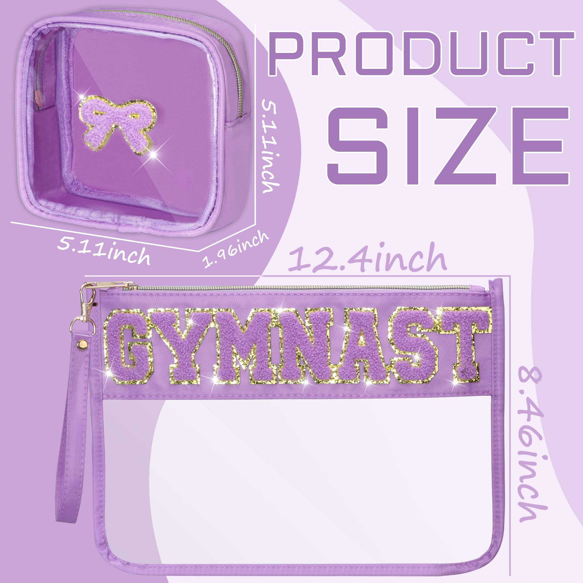 2 Pcs Gymnastics Gifts Cosmetic Makeup Bag with Chenille Letter Patch, Clear Pouch PVC Organizer Purse, Waterproof Travel Bag, Portable Toiletry Storage Bag for Her Girls Friends Women
