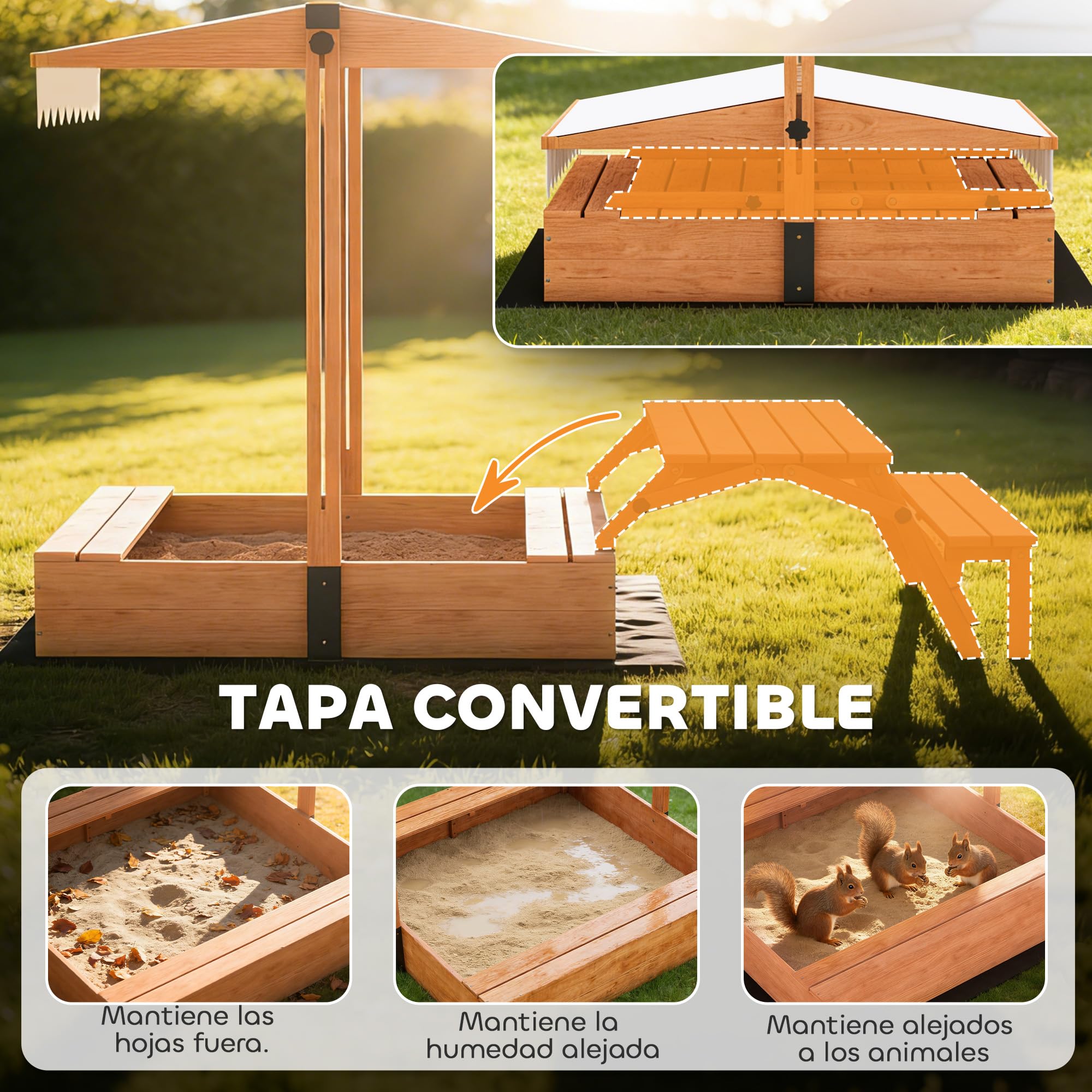 AIYAPLAY Arenero para Niños de Madera con Toldo Ajustable, Mesa Plegable de Picnic con Banco, Cubierta, 184x110x120 cm, Marrón