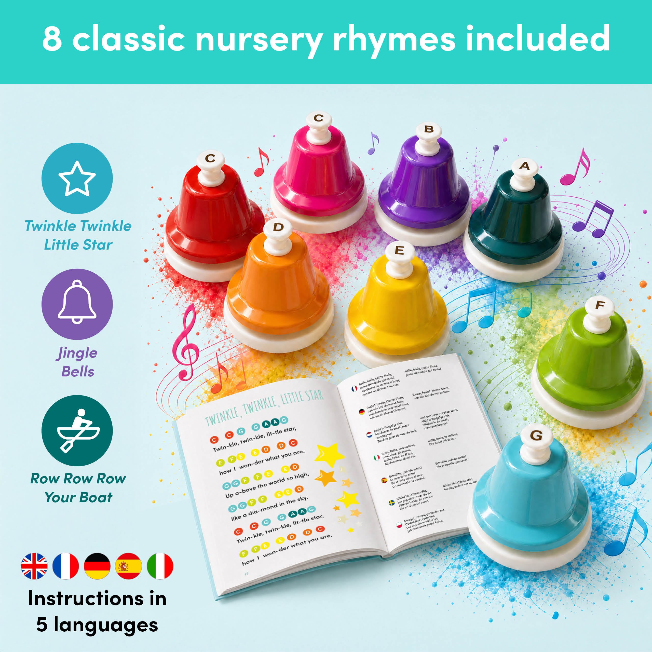 THE TWIDDLERS Cloches Musicales Montessori, 8 Notes et Livret de Chansons | Éveil musical enfant dès 3 ans, clochettes de table à taper, instrument éducatif, coffret cadeau, gamme de do majeur