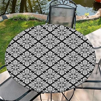 Round Fitted Tablecloth with Elastic Edge Design Table Cover Waterproof Table Cloth Stain-Resistant for 49"-52" Round Table for Dining, Picnic, Party, Decor, Outdoor, Black Damask