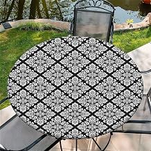 Round Fitted Tablecloth with Elastic Edge Design Table Cover Waterproof Table Cloth Stain-Resistant for 49"-52" Round Table for Dining, Picnic, Party, Decor, Outdoor, Black Damask