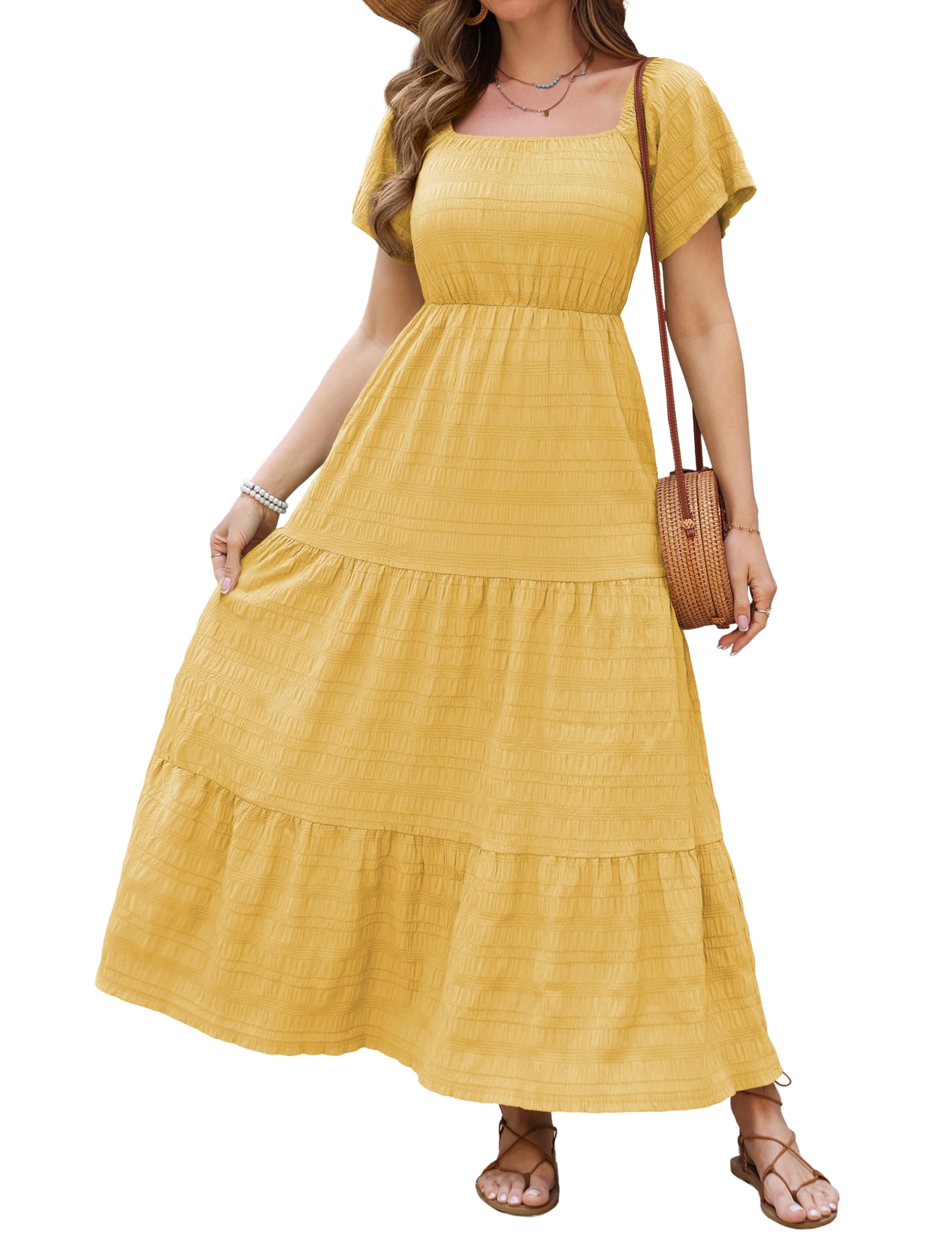 VERABENDI Women's Off Shoulder Summer Casual Long Ruffle Beach Maxi Dress with Pockets