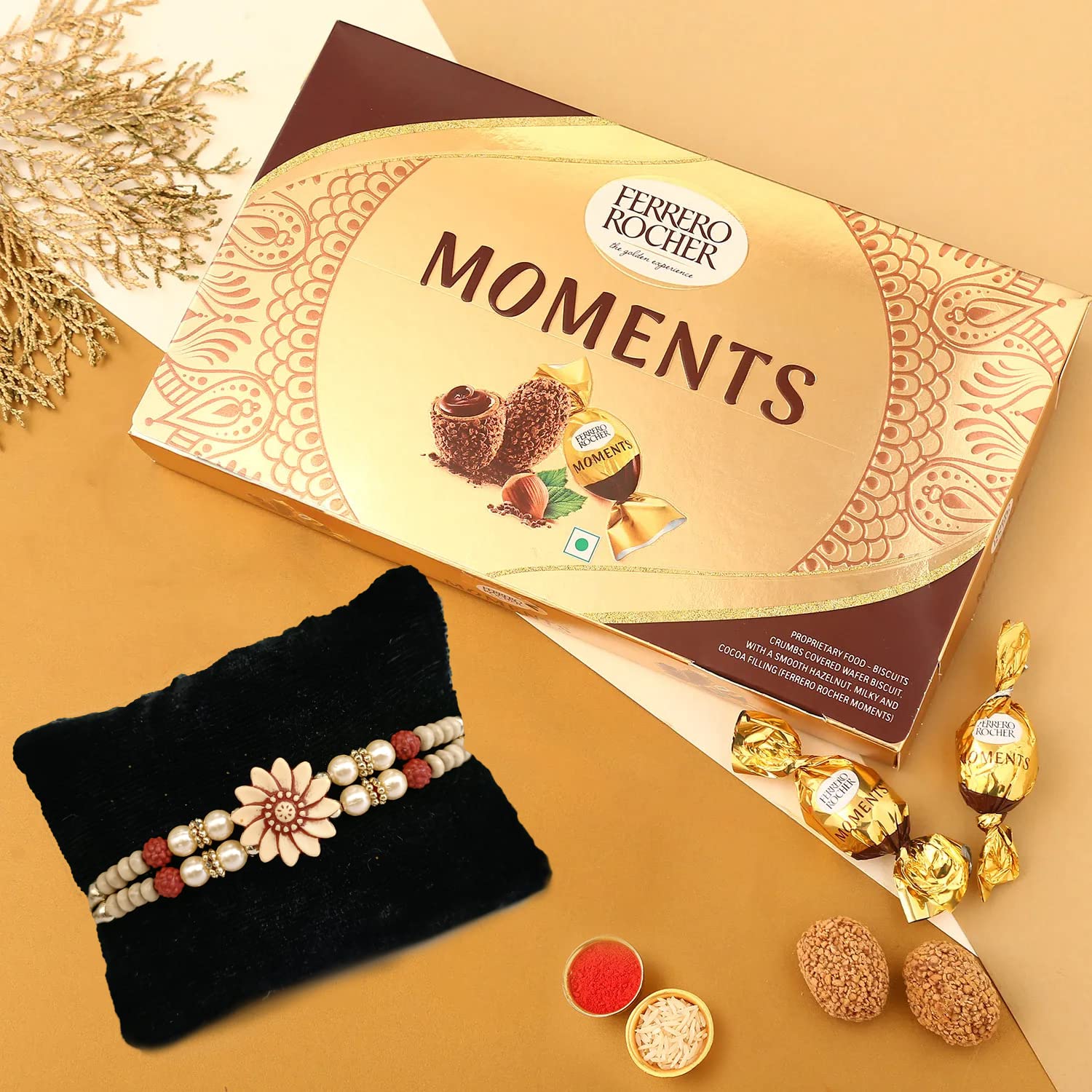 Rakhi Gift for Brother with Chocolates Gift Combo - Premium Pearl Rakhi with Chocolates and Roli Chawal Tika - Rakhi for Brother - Rakhi with Ferrero Moments Chocolate-image-0
