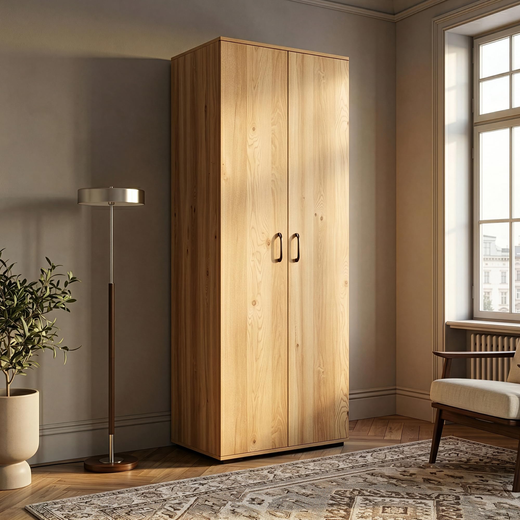 [en.casa] Mehrzweckschrank 60 cm breit Chalvefted Badezimmerschrank schmal 2 Türen Aufbewahrungsschrank Hochschrank Küchenschrank Vorratsschrank Flur Haushaltsschrank 175 x 60 x 35 cm Eicheoptik