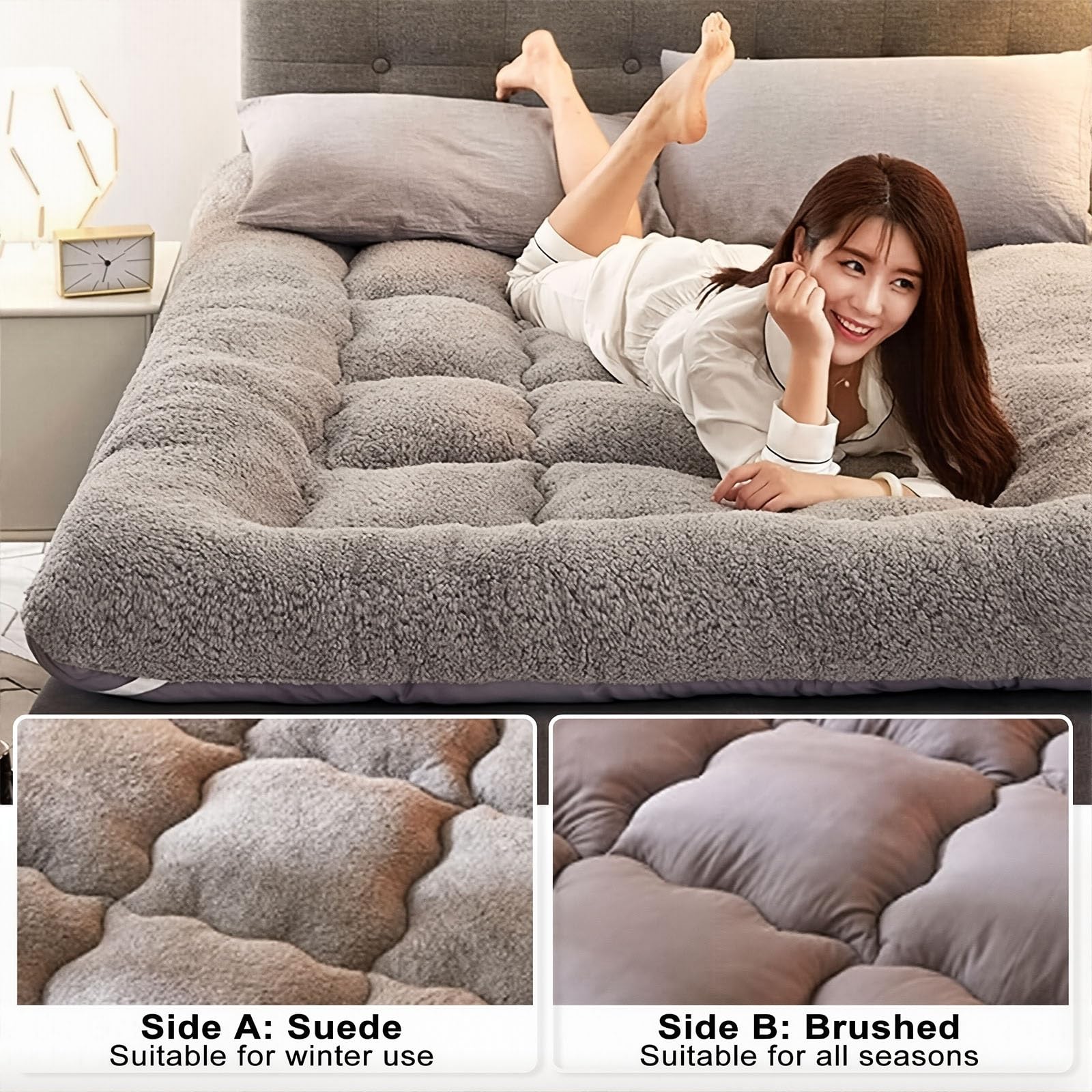 Matelas Futon Japonais Pliable En Peluche épaisse, Matelas De Sol, Surmatelas Futon Simple Ou Double, Lit D'appoint Portable Et Doux Pour Camping-Cars, Chambres D'amis Et Dortoirs(Gray,90x200cm)