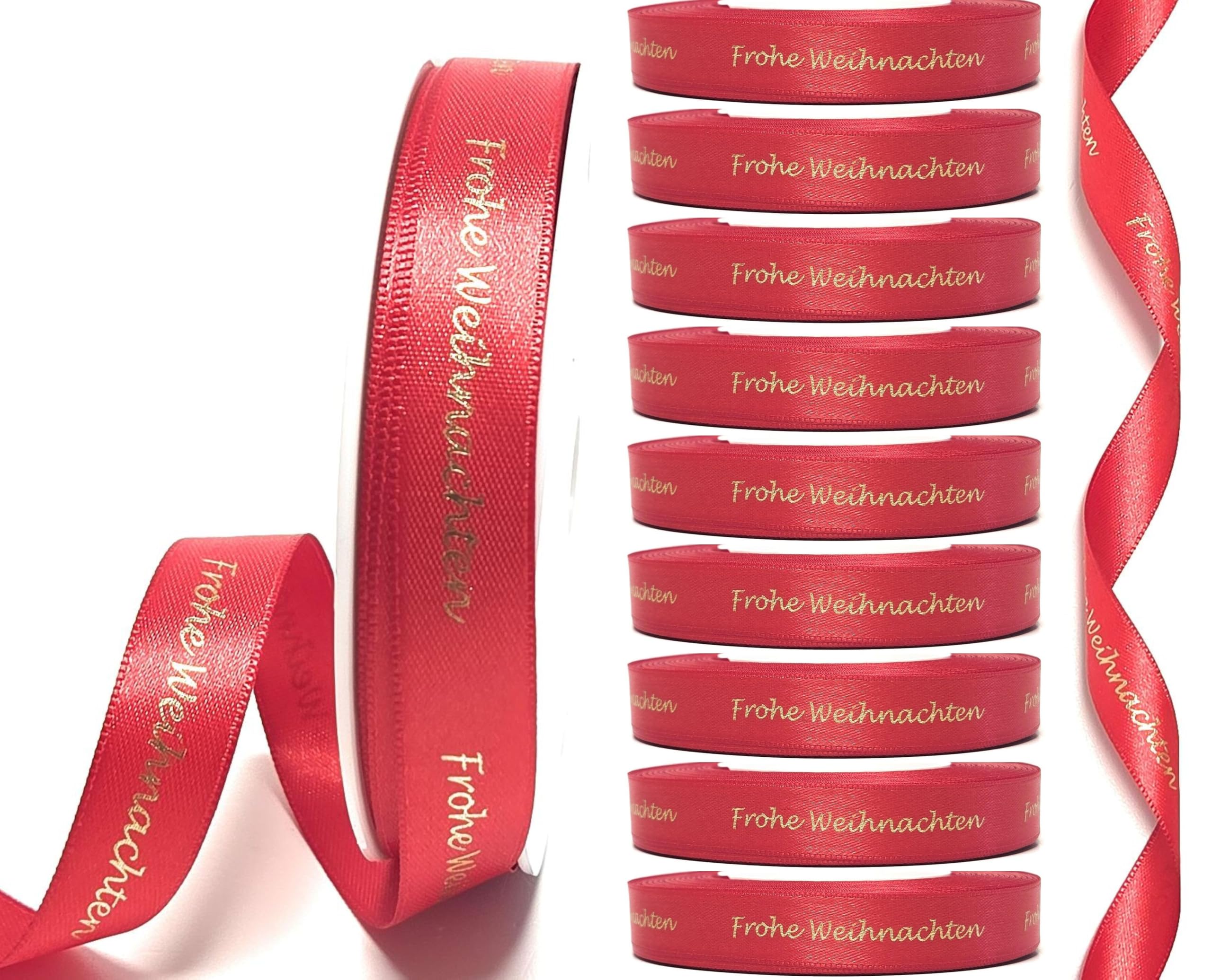 10 Rollen Schleifenband á 25m x 15mm Frohe Weihnachten Rot - Gold Satinband Dekoband Weihnachtsband