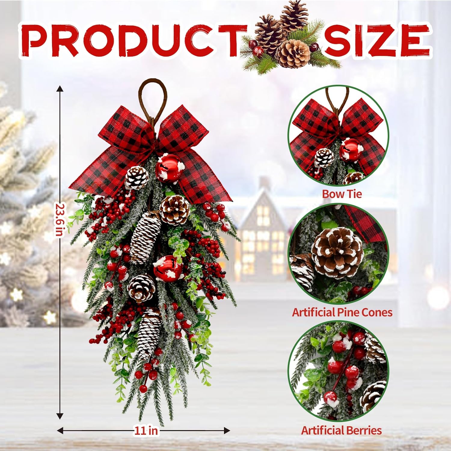 Christmas Teardrop Swag, Christmas Teardrop Wreath Artificial Bells Pinecones Berries Hanging Decor, Red Checked Bow Swag Decorations for Front Door Mantle Wall Indoor Home Decor