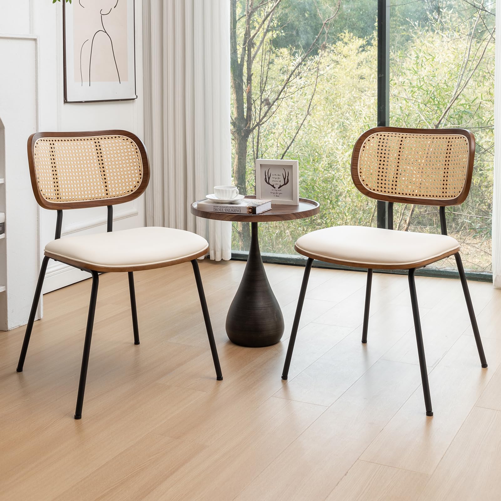 HOCEWI Rattan Dining Chairs Set of 2, Mid Century Modern Dining Chairs with Cane Back for Kitchen Dining Room, 19 Inch Faux Leather Beige