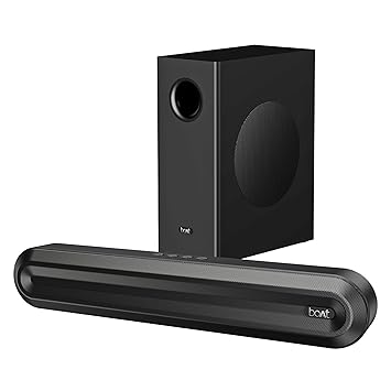 Boat Aavante 2.1 300, 40W Signature Sound, 2.1 CH w/Wired Subwoofer, Multiple Ports, EQ Modes, Remote Control, Bluetooth Sound bar, Home Theatre Soundbar Speaker (Premium Black)