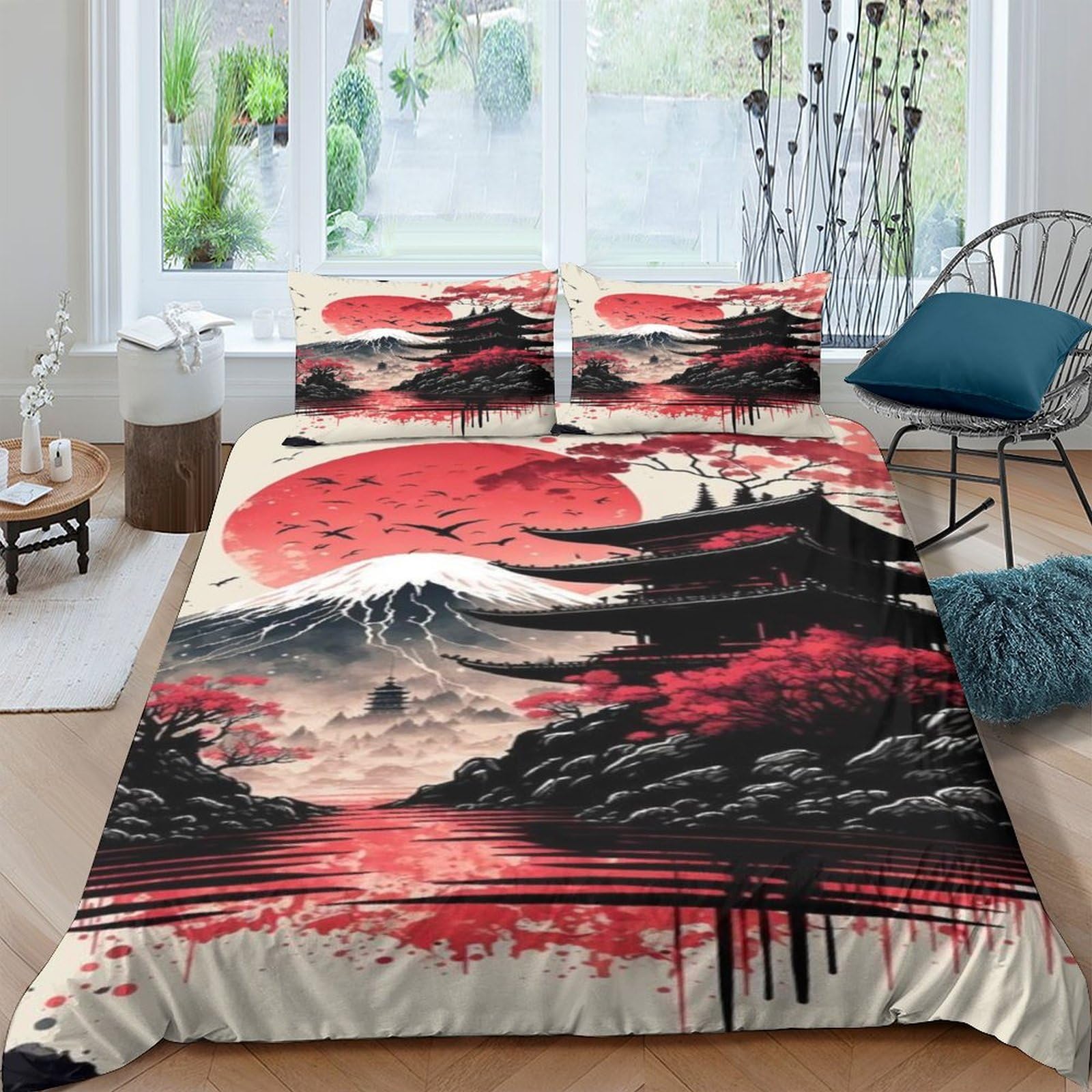 TNFHSOFT Japanese Style Mountain 3D Printed Duvet Set Pinch Pleat Soft Microfibre Bed Quilt Cover with 2 Pillowcases, Easy Care Wrinkle Free Bedding Set of 3 Pcs Double（200x200cm）