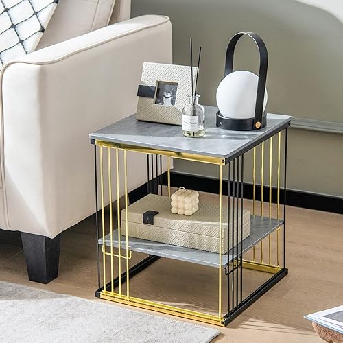 Miniatura 8 de GOFLAME Mesa auxiliar auxiliar, mesita de noche cuadrada de 2 niveles con marco de metal, estante extraíble, mesa de centro de centro para sala de