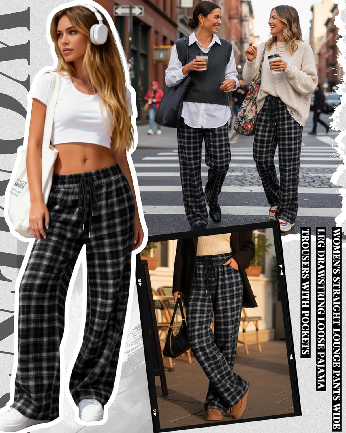 Women's Plaid Pants Gingham Lounge Pajama Pants Drawstring Loose Bottoms Wide Leg Trousers with Pockets - Image 4