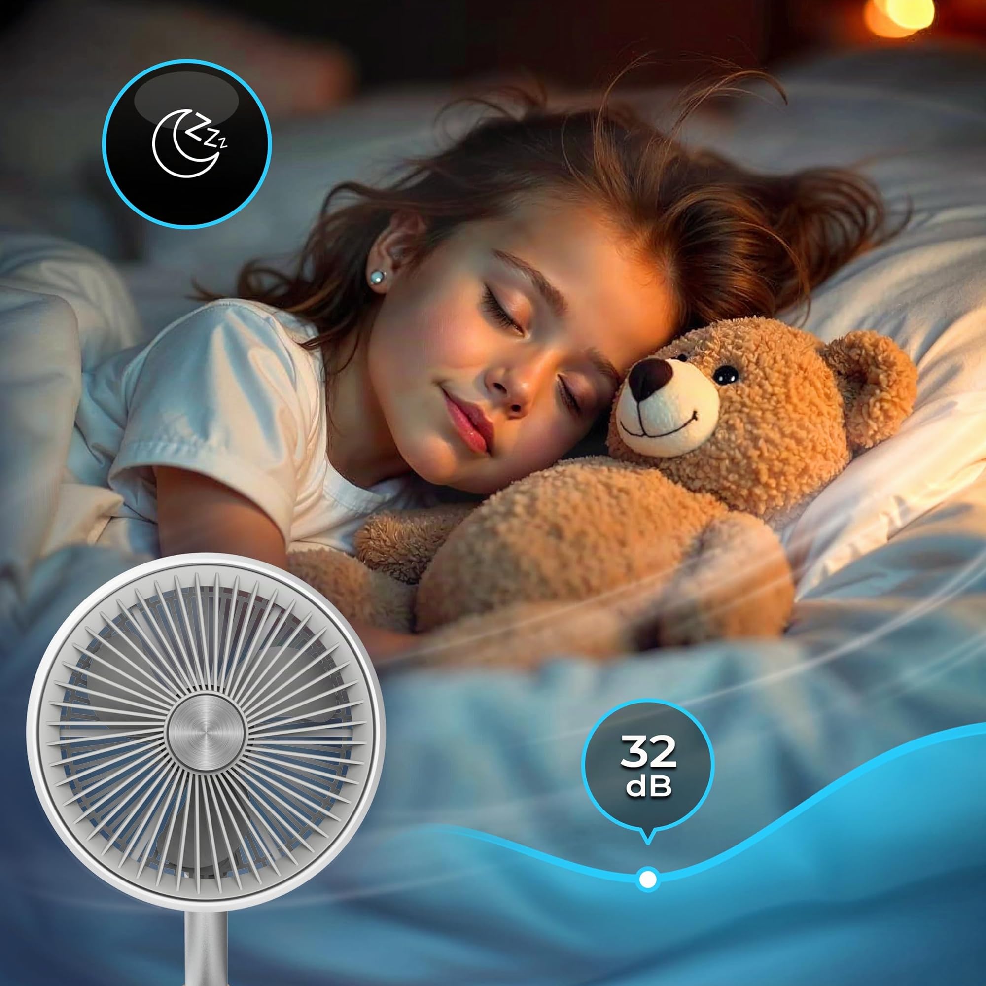 Tischventilator Sehr Leise Ø 19cm USB Ventilator Akku 15h Table Fan FlexiGo Faltbar 4 Modi 400 m³/h 180° Verstellbar Ventilator Camping & Büro Weiß