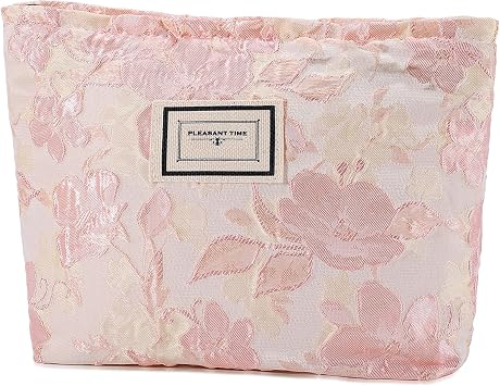 URSKYTOUS Flower Makeup Bag Travel Large Floral Cosmetic Bags for Women Cute Makeup Pouch Zipper Cosmetic Pouch for Purse Embossed Pink Aesthetic Make up Organizer Bag Portable Toiletry Bag