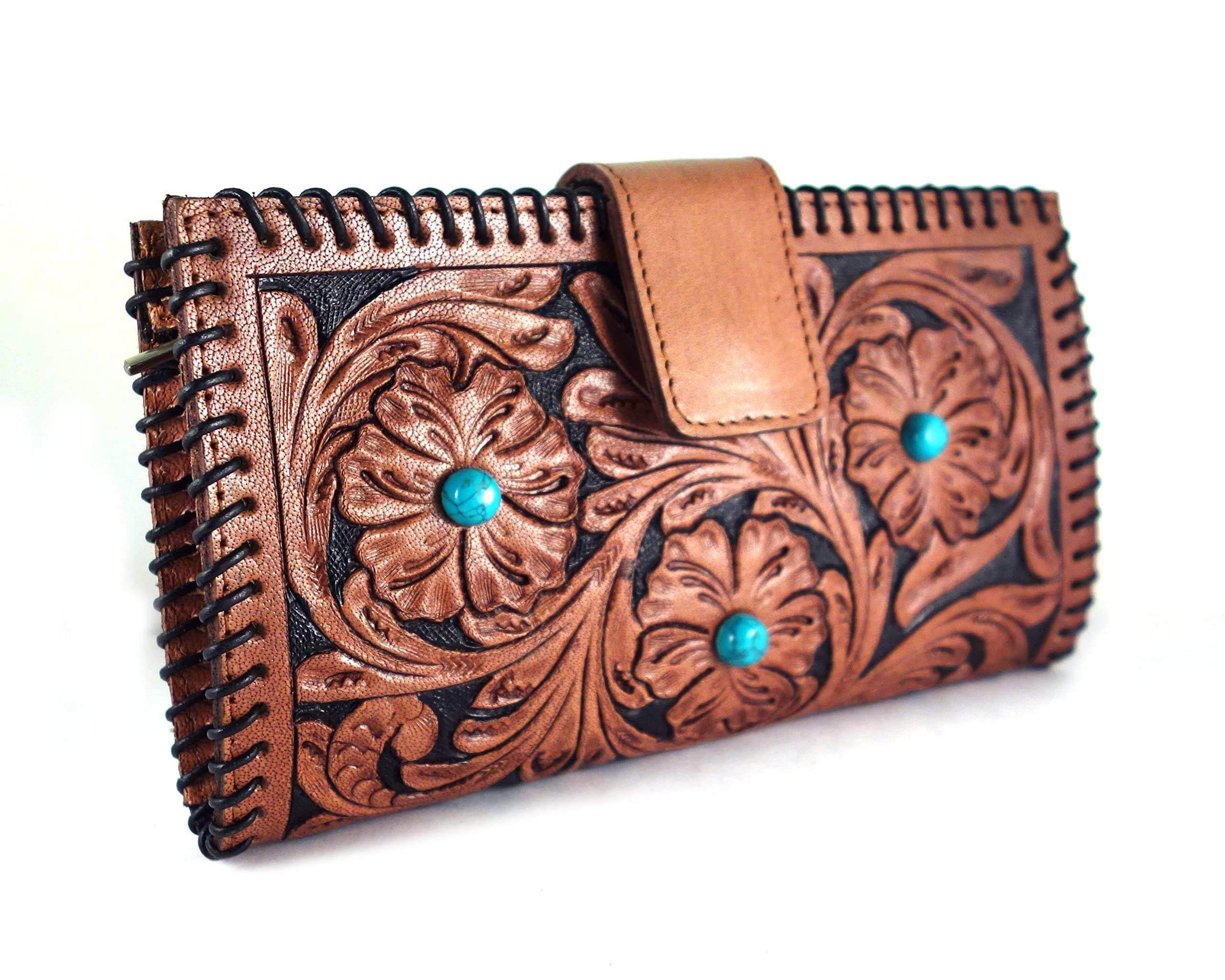 | Leather Purse Bag for Women Genuine Leather Clutch Wallet with Semi Prescious Stone Gift for Her, Brown, Medium-image-49