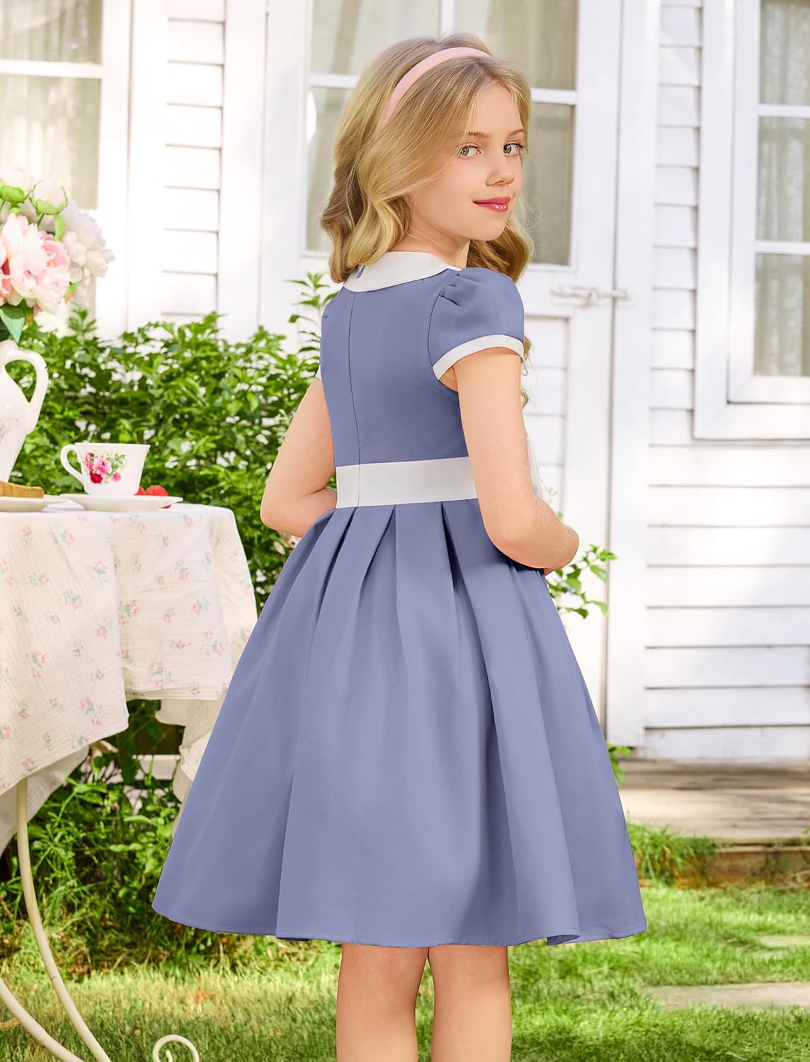 ODIZLI Kids Girls 1950s Retro Vintage Dress Short Puff Sleeve Contrast Panel Swing Party Dresses - Image 4