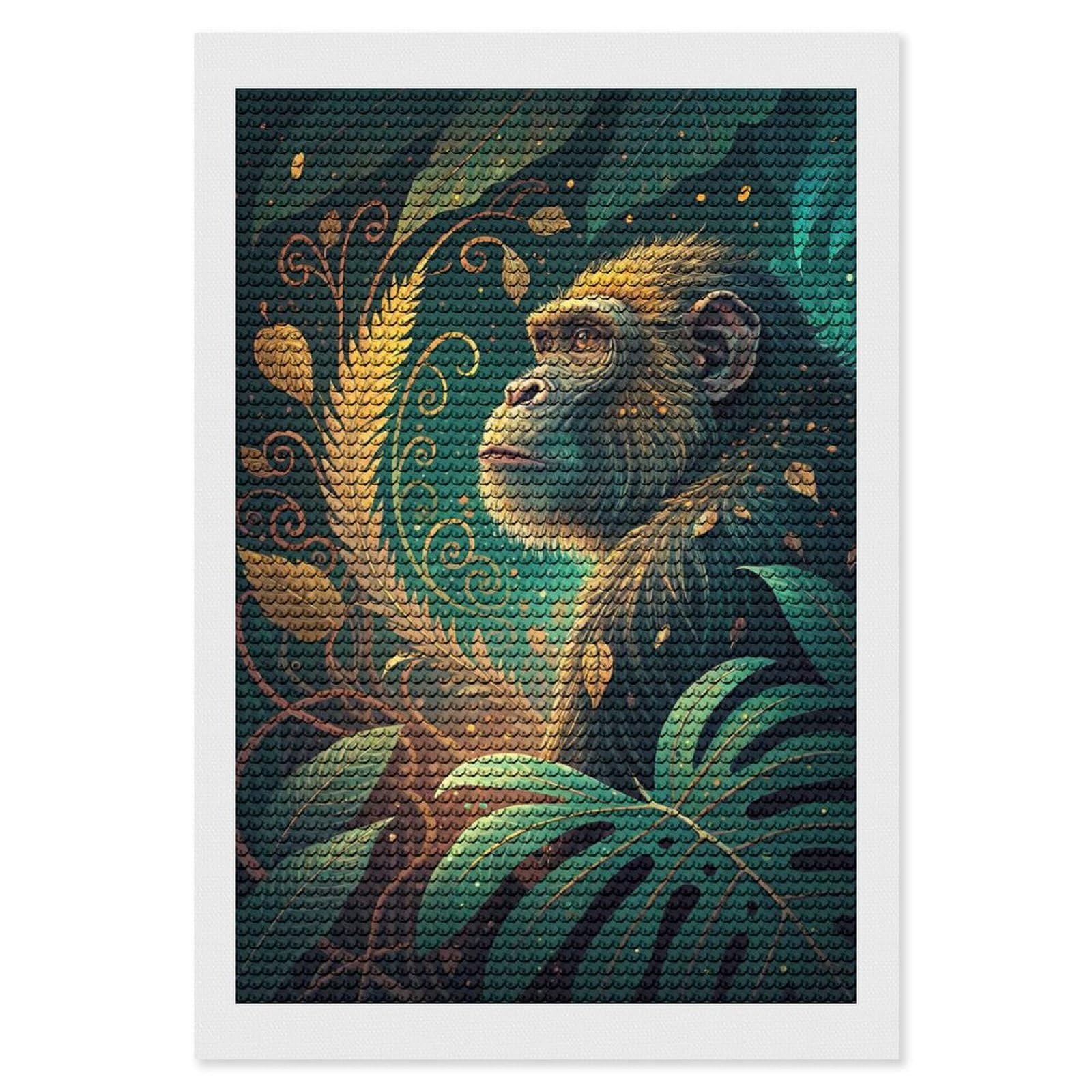 Junmoney Chimpanzee in Lush Jungle Illustration Diamond Art Kit 8"x12", Creative Leisure Activity, Complete Accessories, Vintage Style Decor, for Women