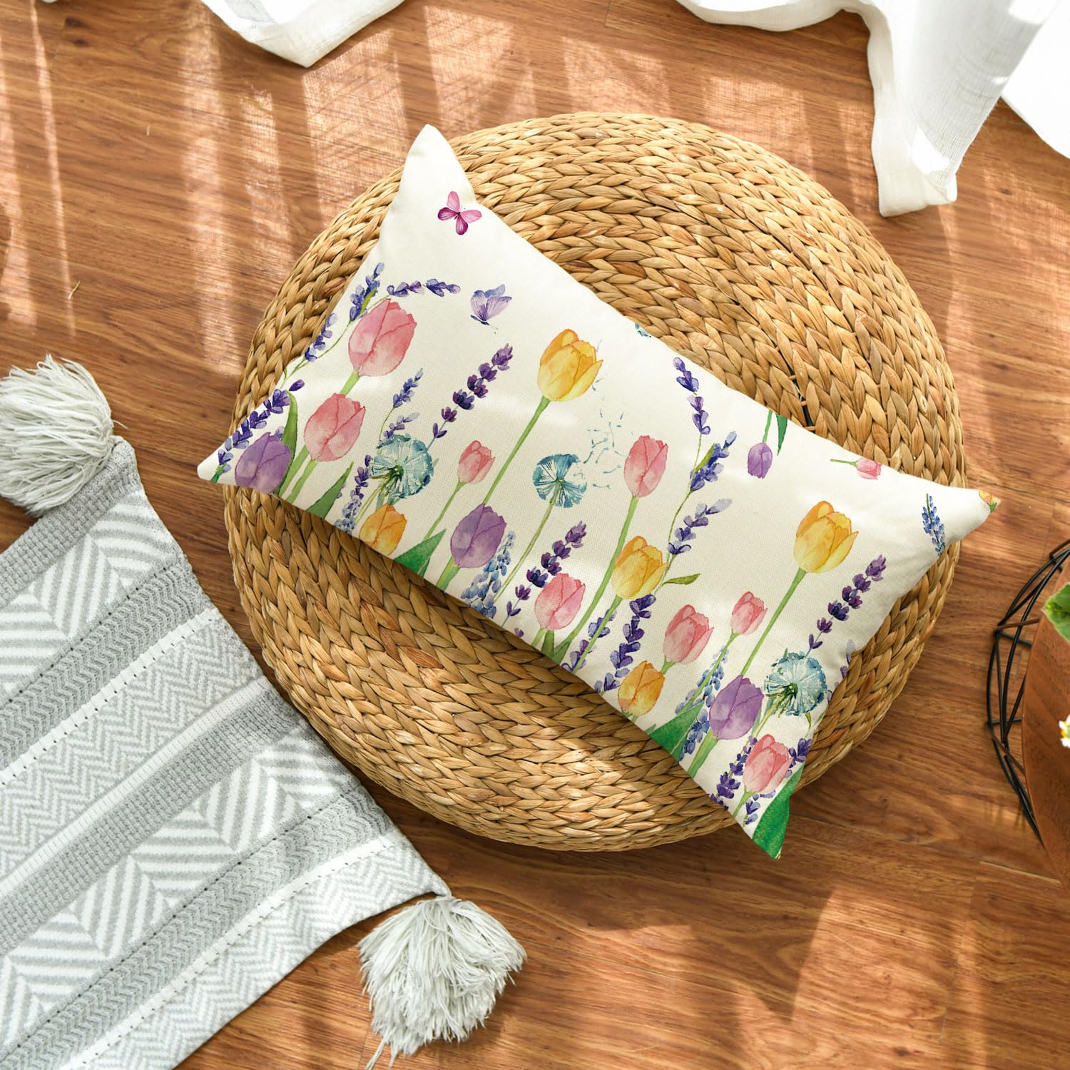 Federa Cuscino 30x50 Cm Stile Primaverile - Motivo Tulipani E Farfalle | Decorazione Divano E Soggiorno - Foto 8