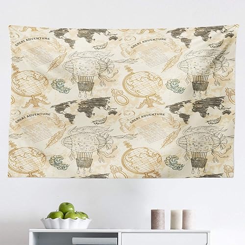 Ambesonne World Map Tapestry, Pattern Vintage Globe Atlas Theme Airship Knots Ribbon Retro Print, Fabric Wall Hanging Decor for Bedroom Living Room