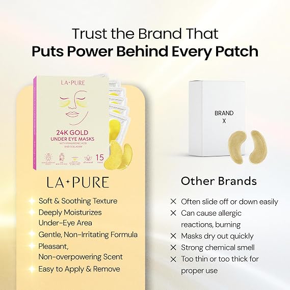 LA PURE 24k Gold Under Eye Masks Hydrating Anti Aging Eye Patches 15 Pairs | Non-Irritating Eye Gel Pads with Hyaluronic Acid & Collagen for Puffy Eyes, Wrinkles & Dark Circles, Dermatologically Tested