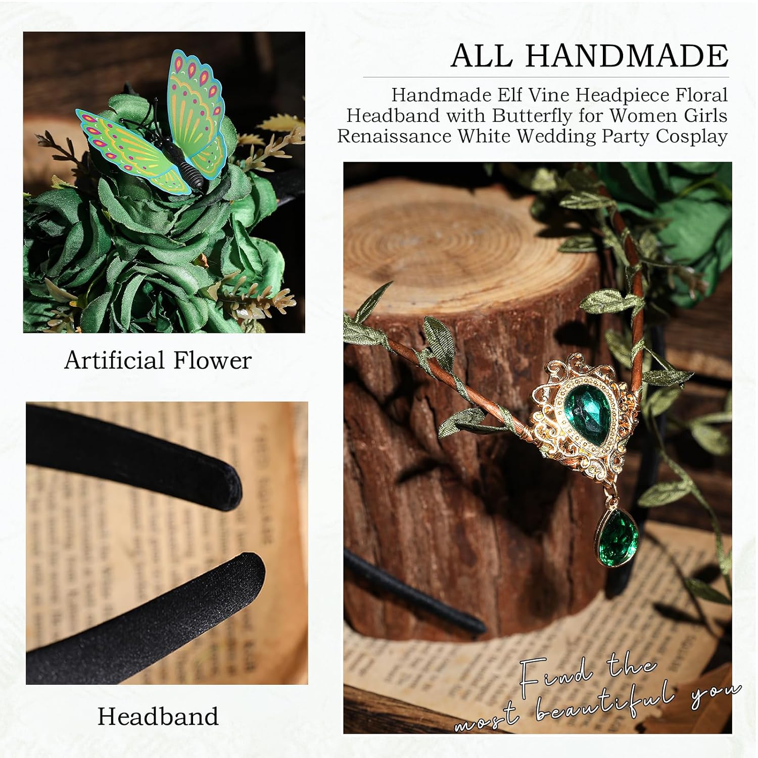 MOSTORY Green Fairy Flower Headpiece - Elf Crown with Butterfly for Woodland Fairy Costume, Forest Floral Headband for Renaissance Accessories Women Renfaire Halloween Fantasy Cosplay