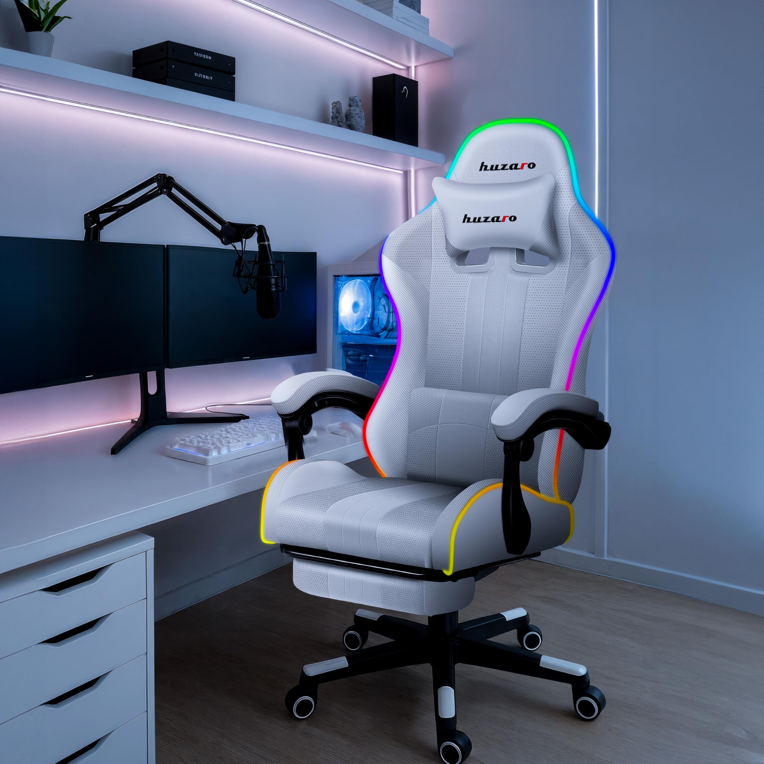 huzaro Force 4.7 RGB Gaming Stuhl - Ergonomischer Bürostuhl & PC Stuhl | Schreibtischstuhl für Gamer - Bis 150 kg belastbar - Mit ausziehbarer Fußstütze & Lendenkissen - Stoff Mesh – Weiß