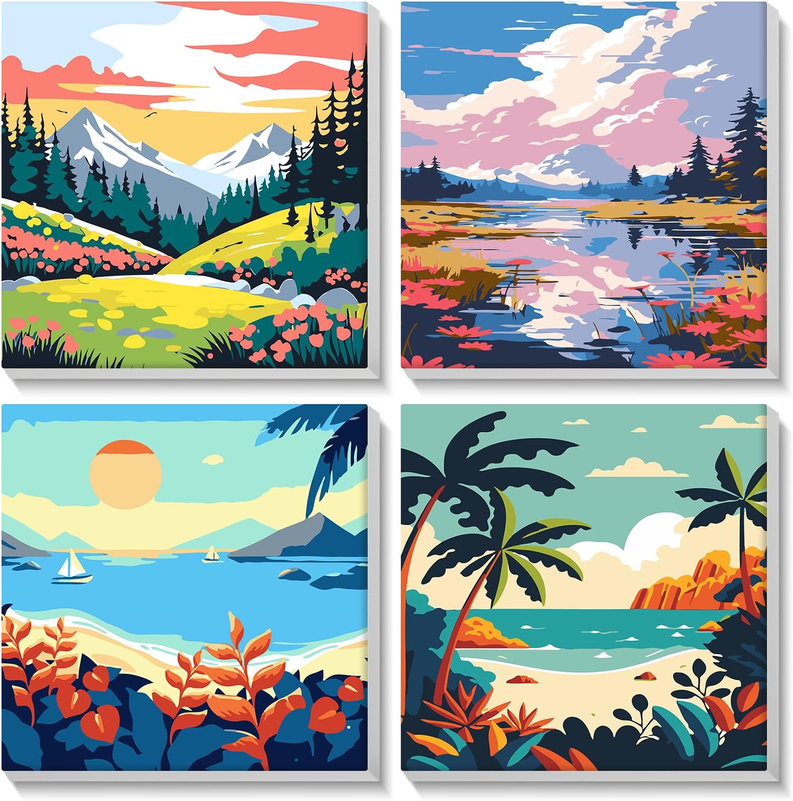 Framed Paint by Numbers, 4Pack Scenery Paint by Numbers Canvas for Kids Adults, Kids' Paint by Number Kits, DIY Acrylic Landscape Oil Painting with Wooden Easel (8x8inch)