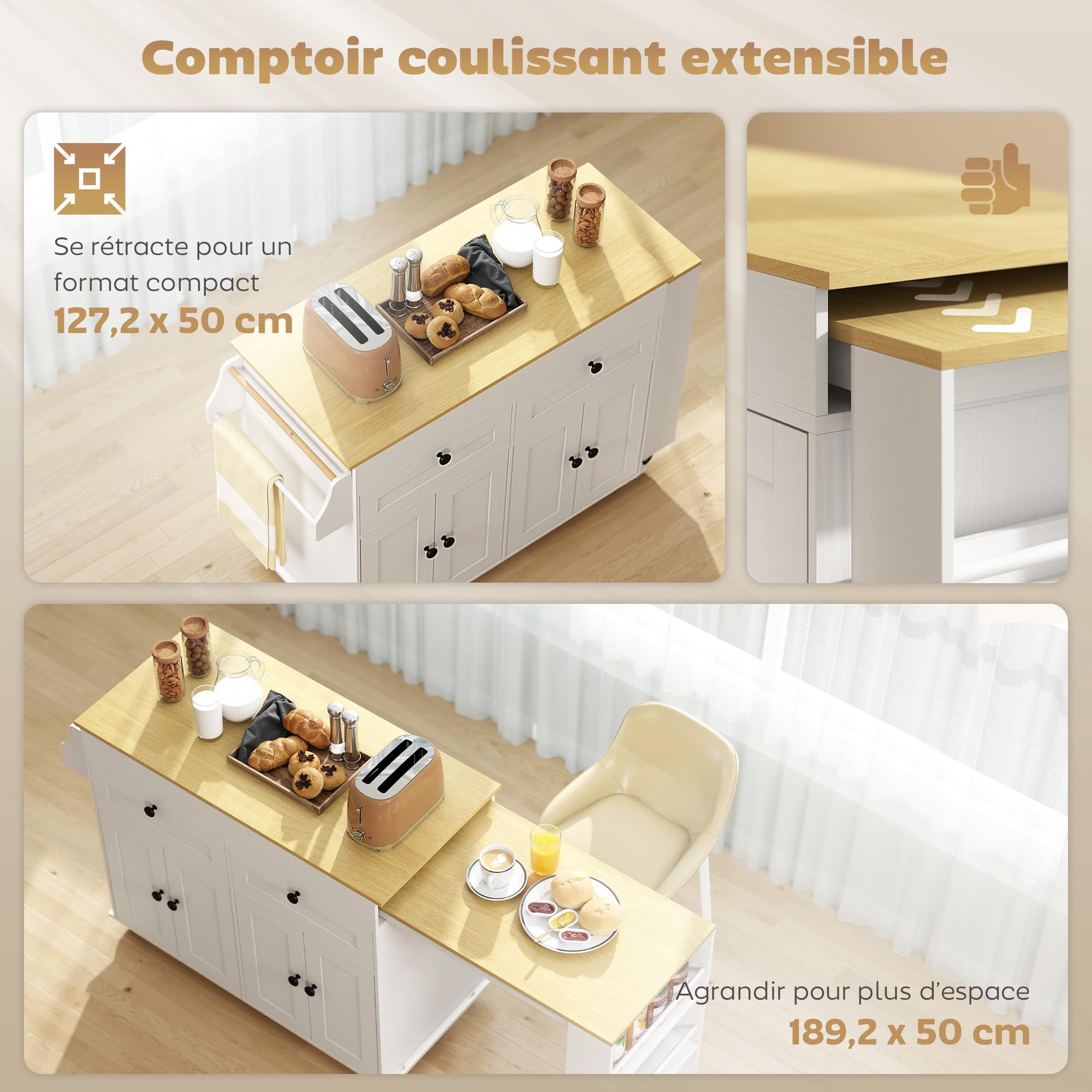 HOMCOM Îlot Central Cuisine avec Plateau Extensible, Desserte de Cuisine sur roulettes avec 2 Tiroirs, 4 Portes, Porte-Serviettes et Porte-Épices, Style Rustique,127,2-189,2 x 50 x 87,8 cm, Blanc